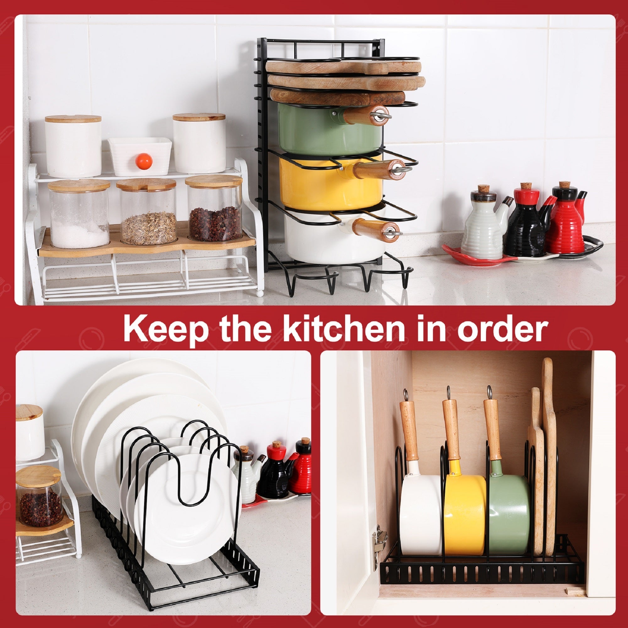 Adjustable pot rack kitchen storage organizer（black） - KiKiUMi