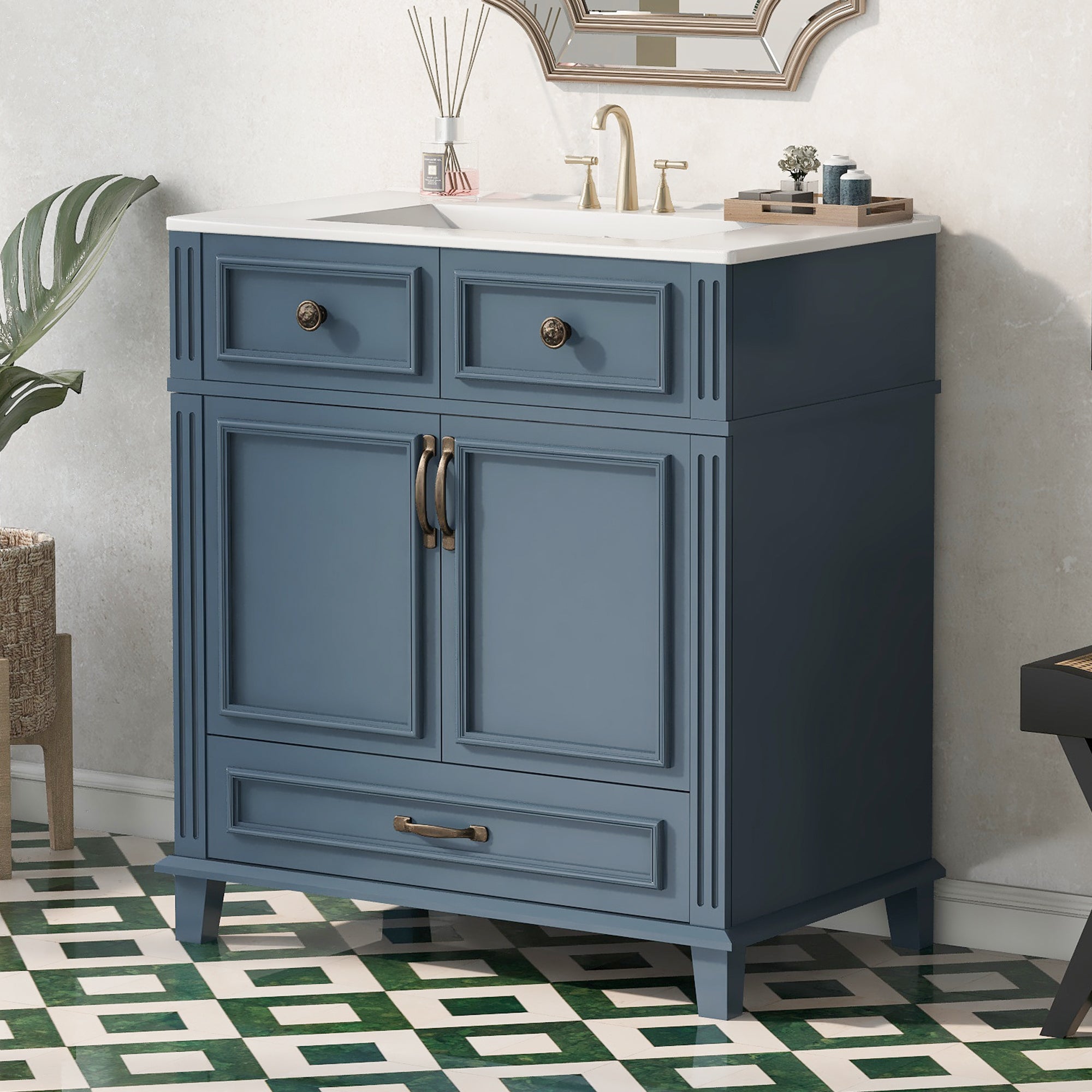 Blue 30 "ceramic sink solid wood frame bathroom dressing table