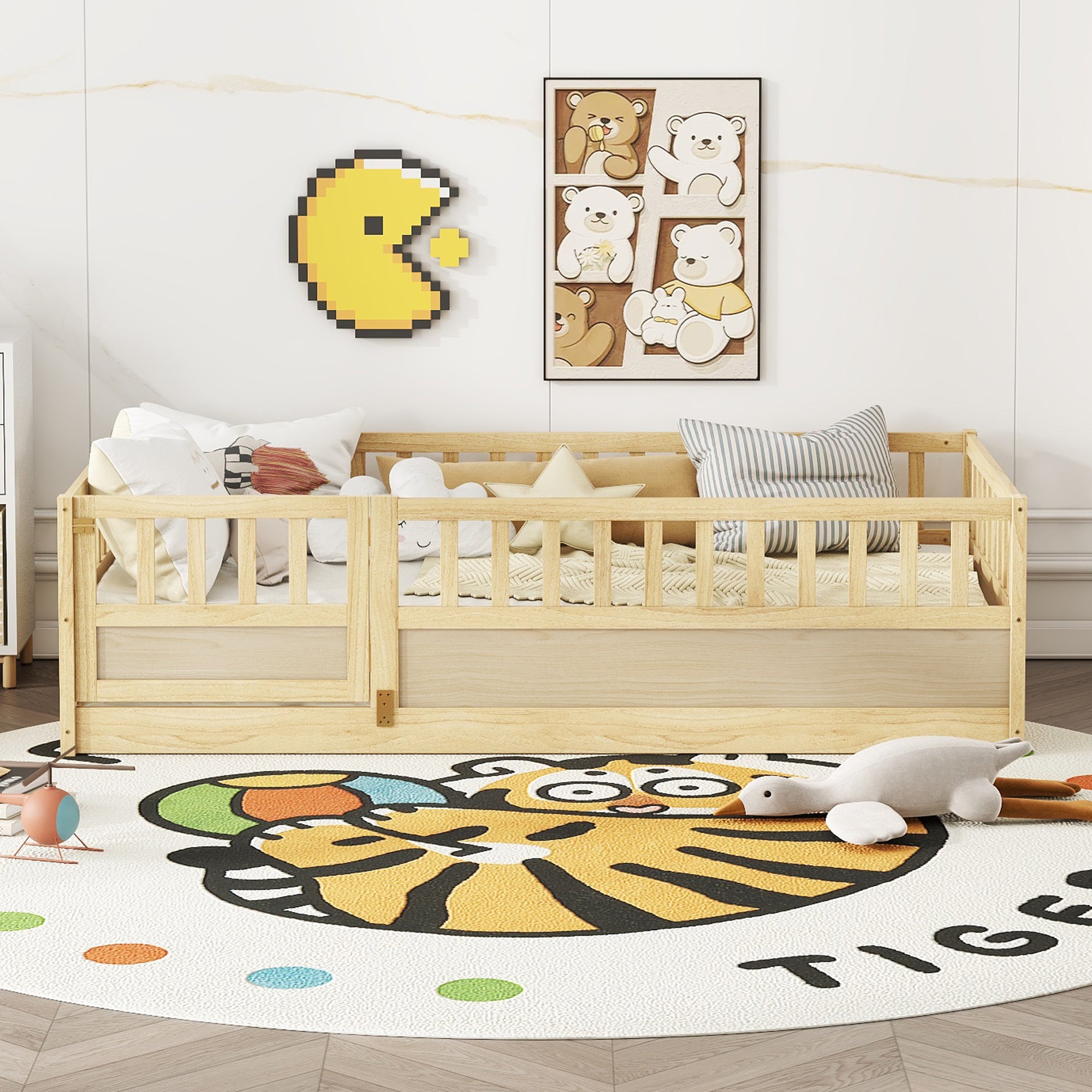 Natural wood support board, double Montessori wooden children's floor bed
