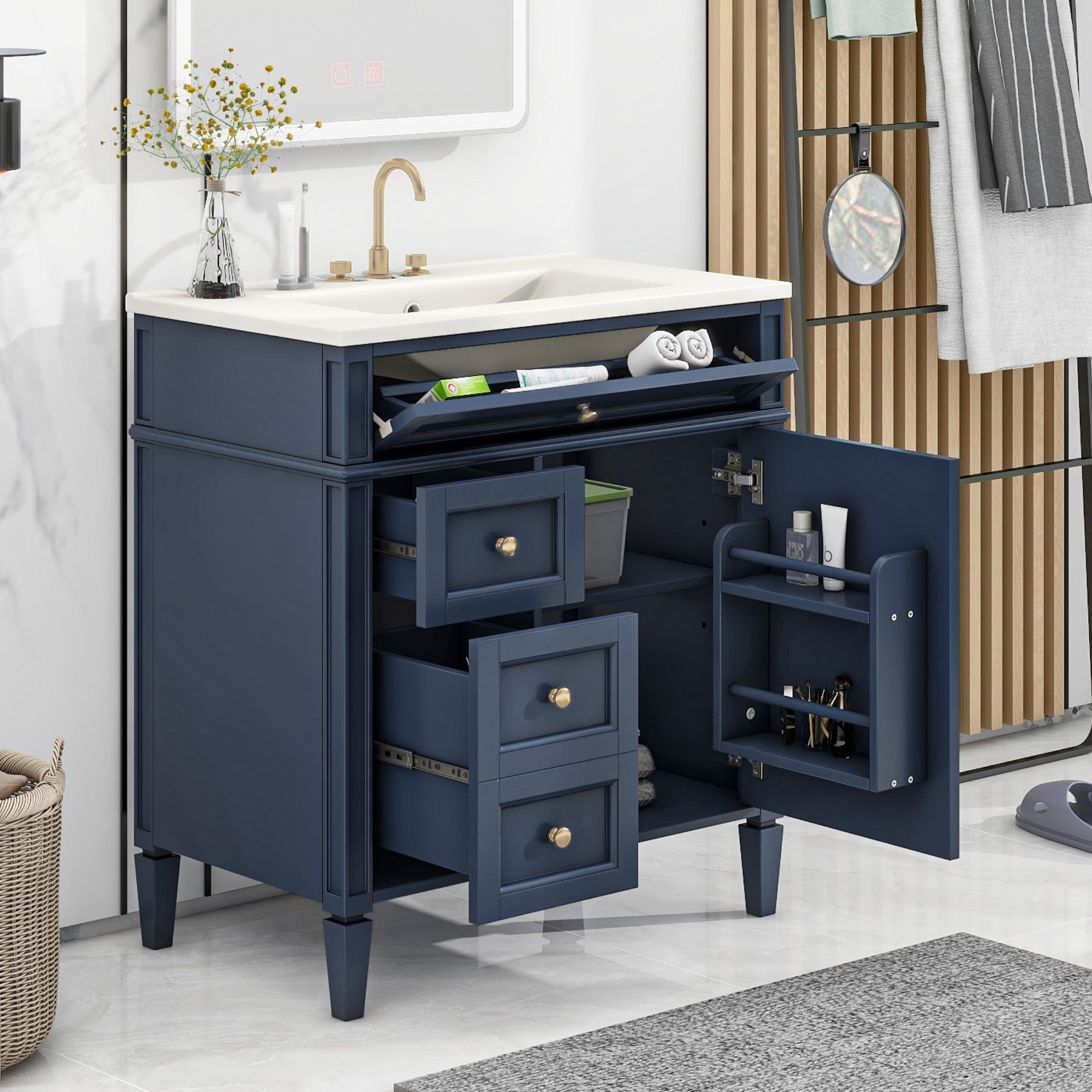 30 "Single sink bathroom dressing table, modern bathroom storage cabinet(blue)