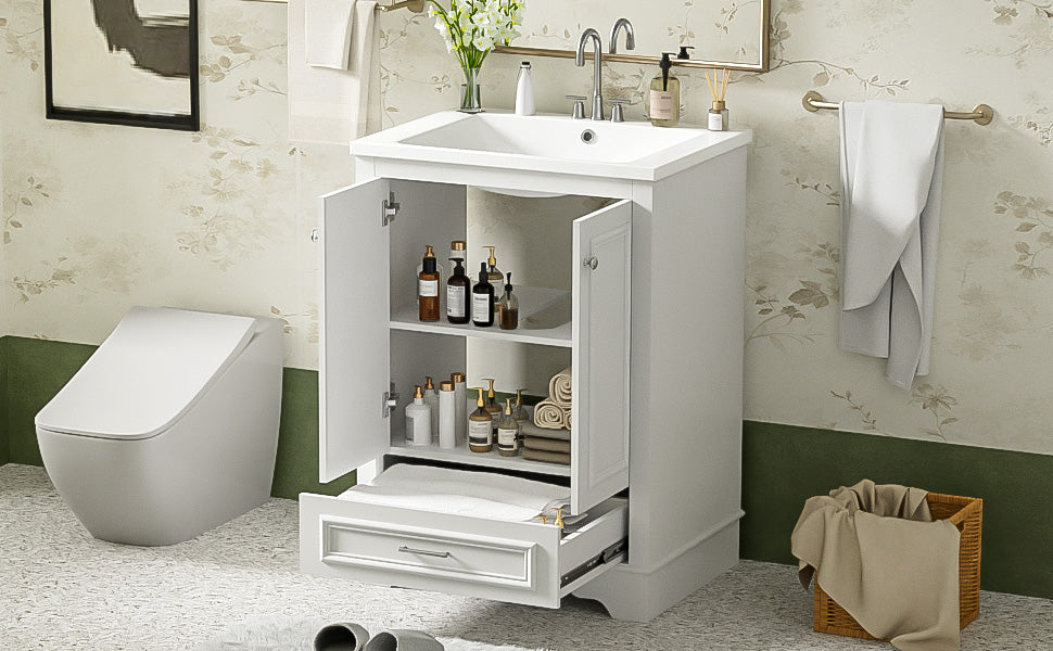 24-inch ceramic sink bathroom dressing table, modern standalone storage cabinet(white)