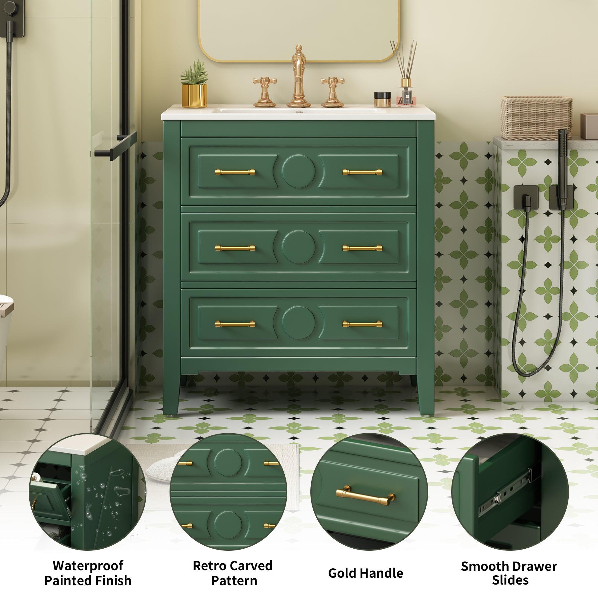 30 "Ceramic sink solid wood frame independent single dressing table set(green)