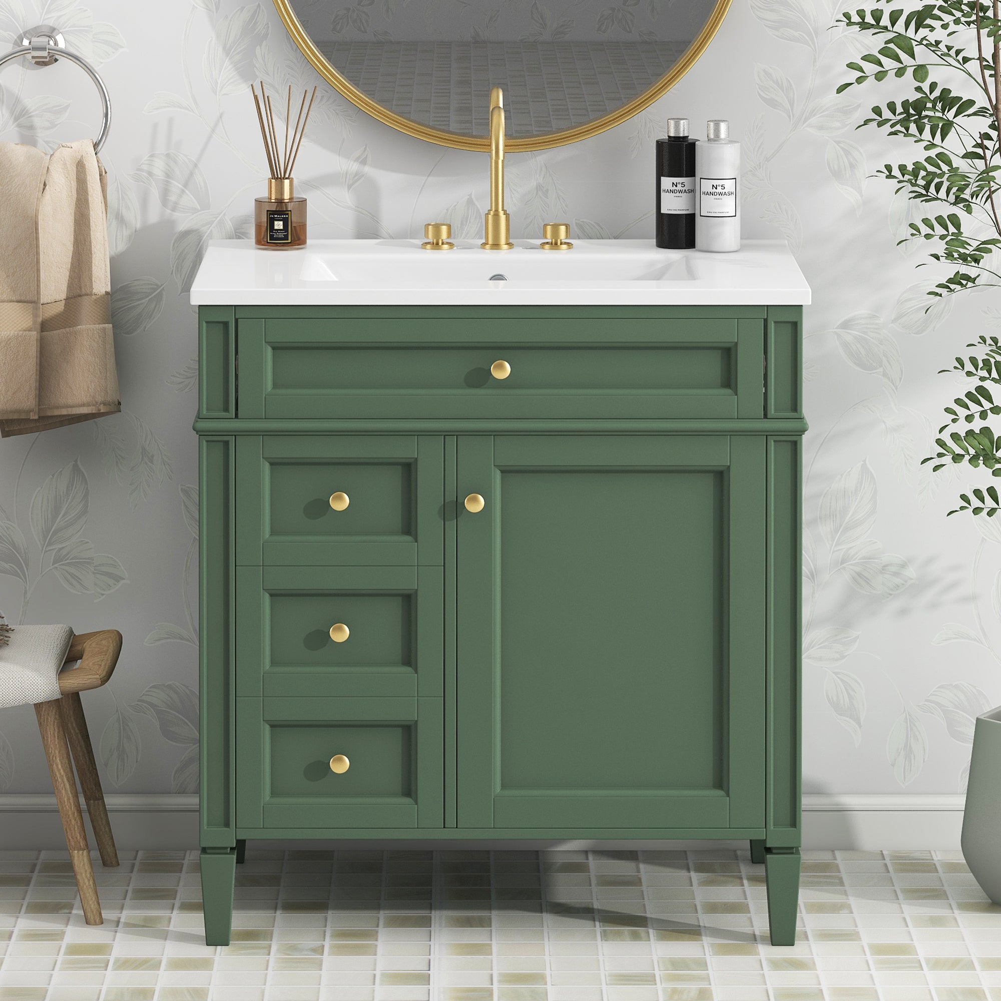 Single sink bathroom dressing table and modern bathroom storage cabinet(Green)