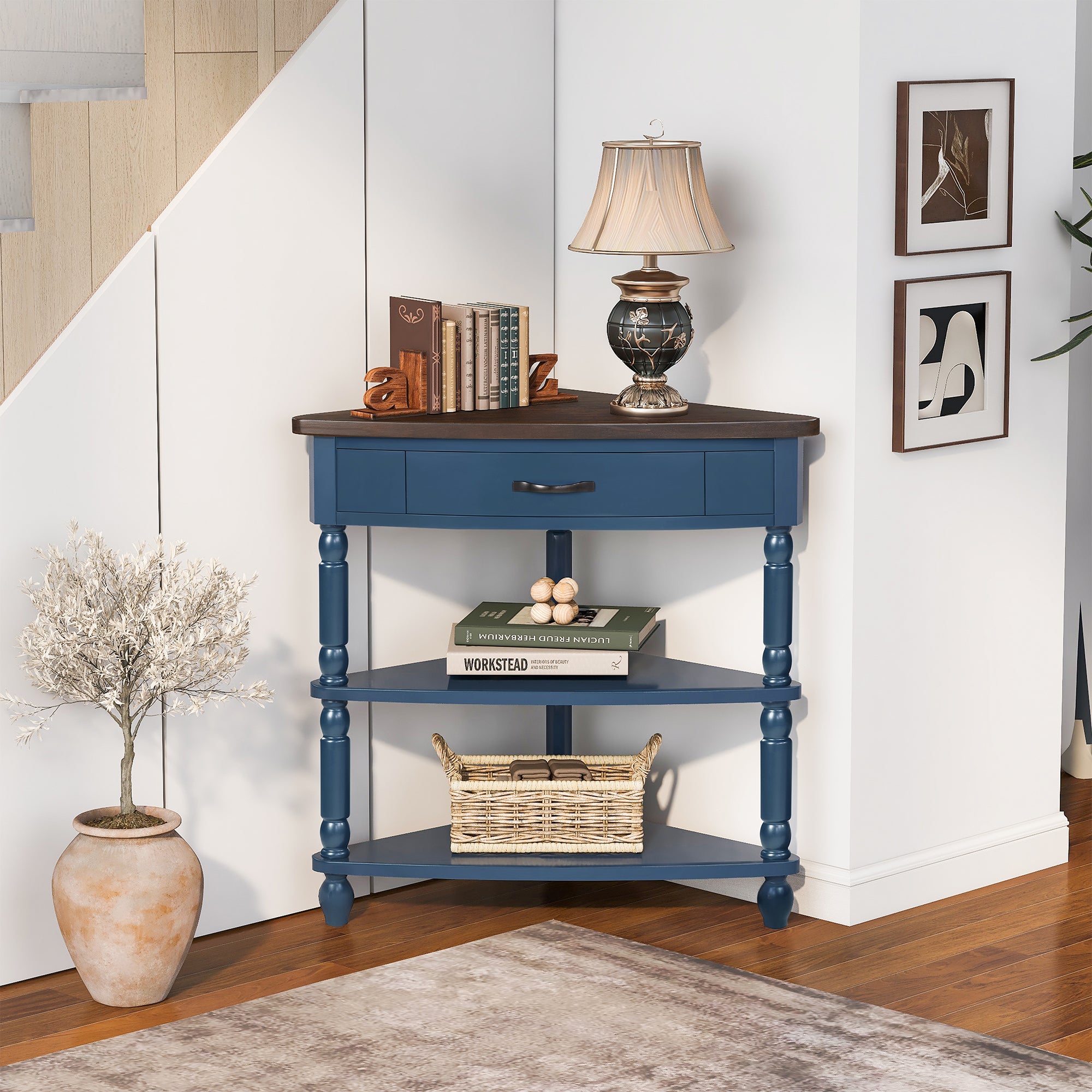 Three-tiered small triangular corner tables(navy blue)