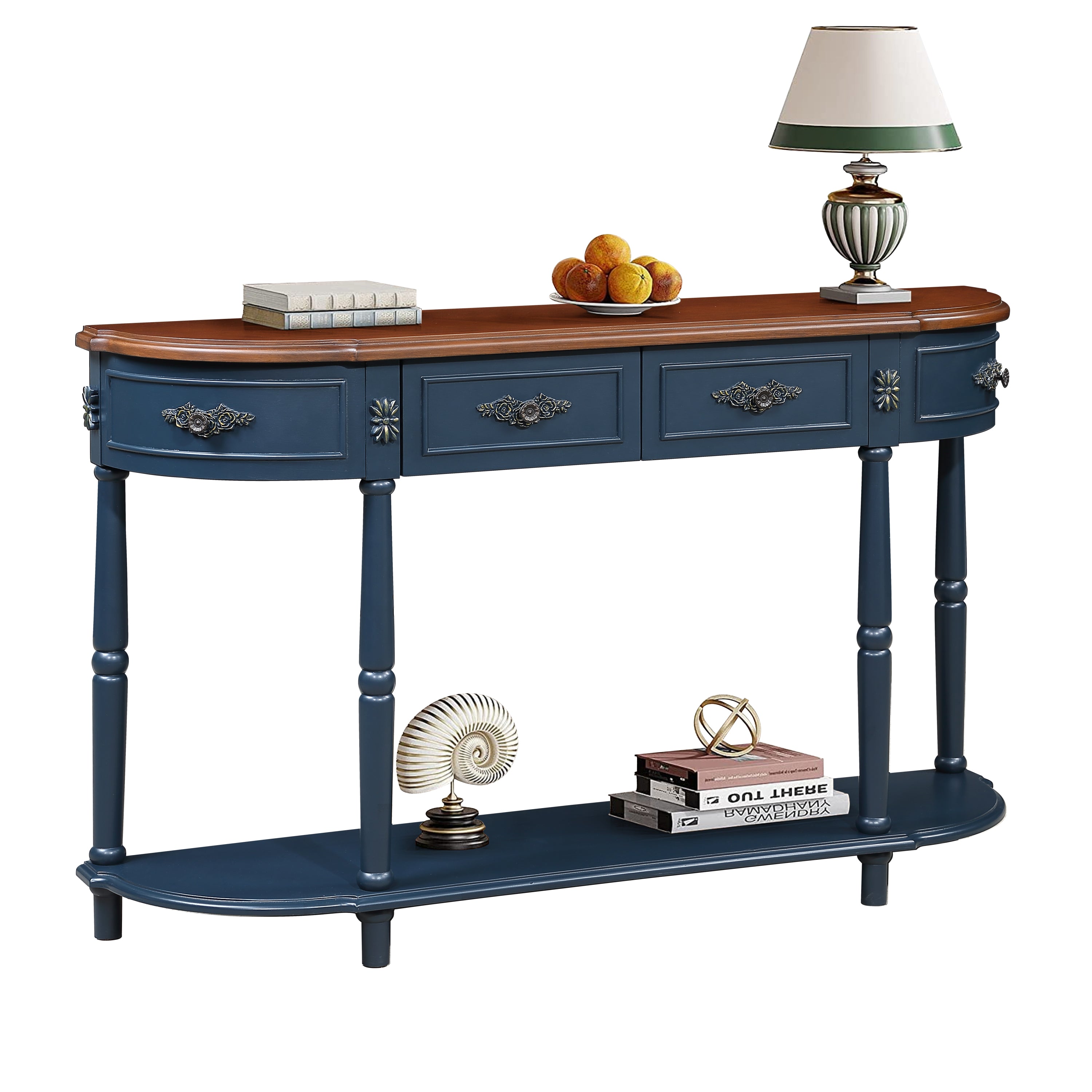 Solid wood retro arc-shaped wooden control console table(	navy blue)