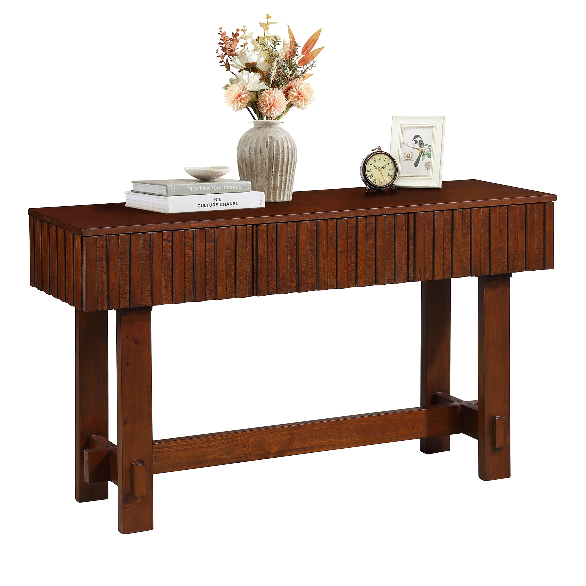 Medieval farmhouse slot console sofa table and storage drawers(cherry)