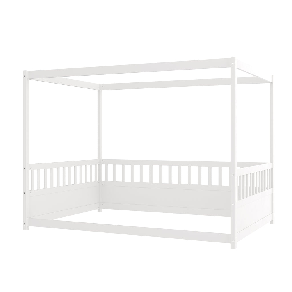 White children's Montessori floor bed, wooden canopy bed frame