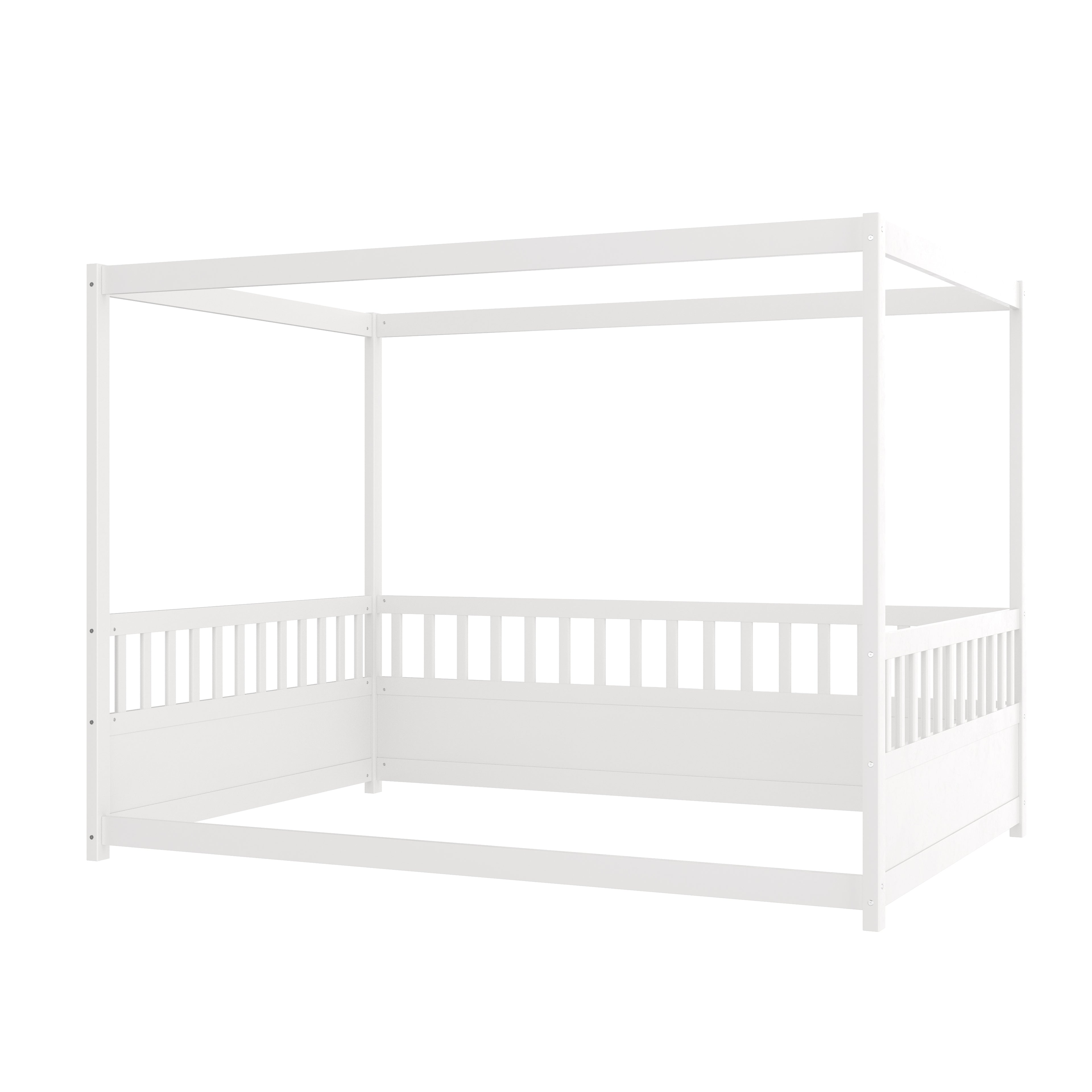 White children's Montessori floor bed, wooden canopy bed frame