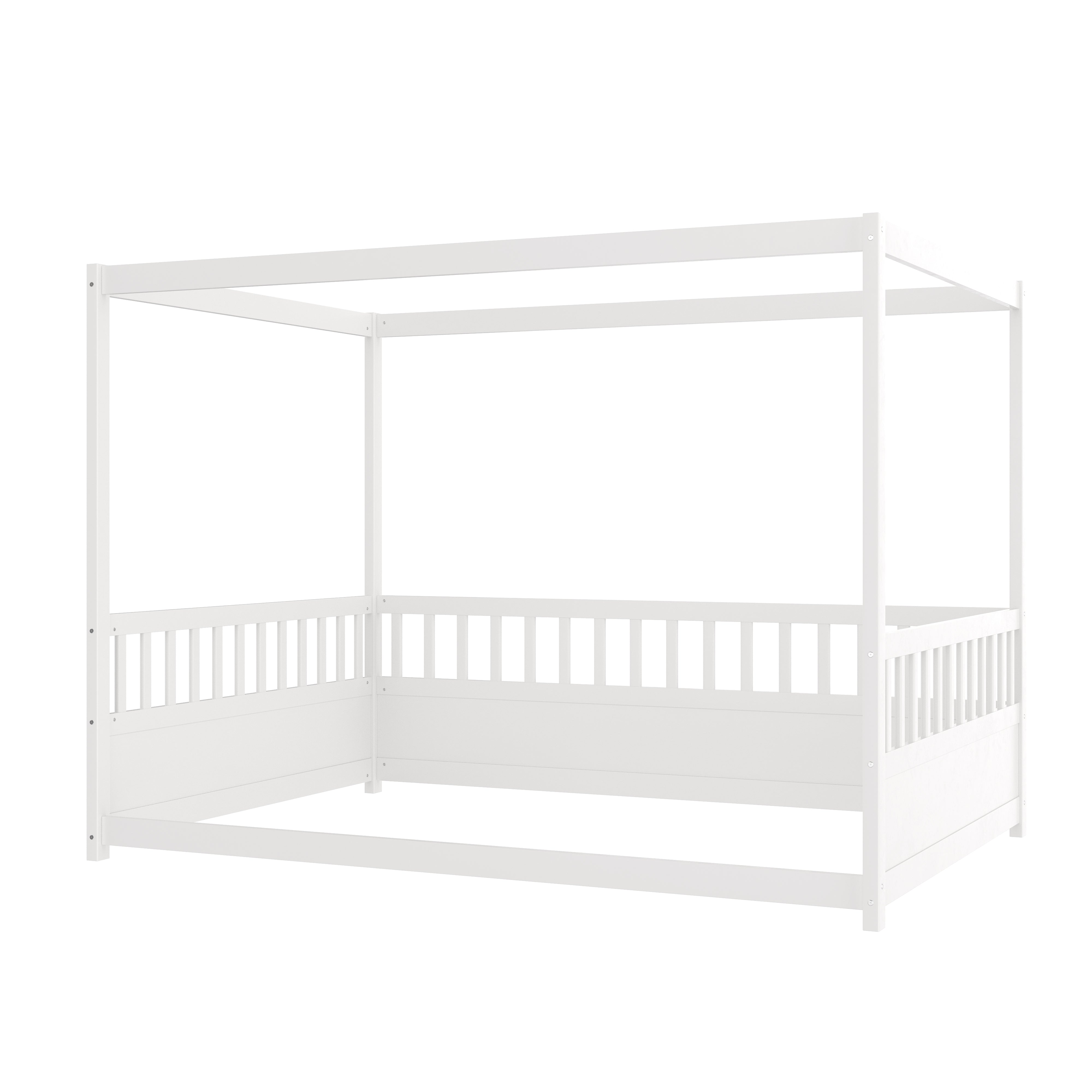 White children's Montessori floor bed, wooden canopy bed frame