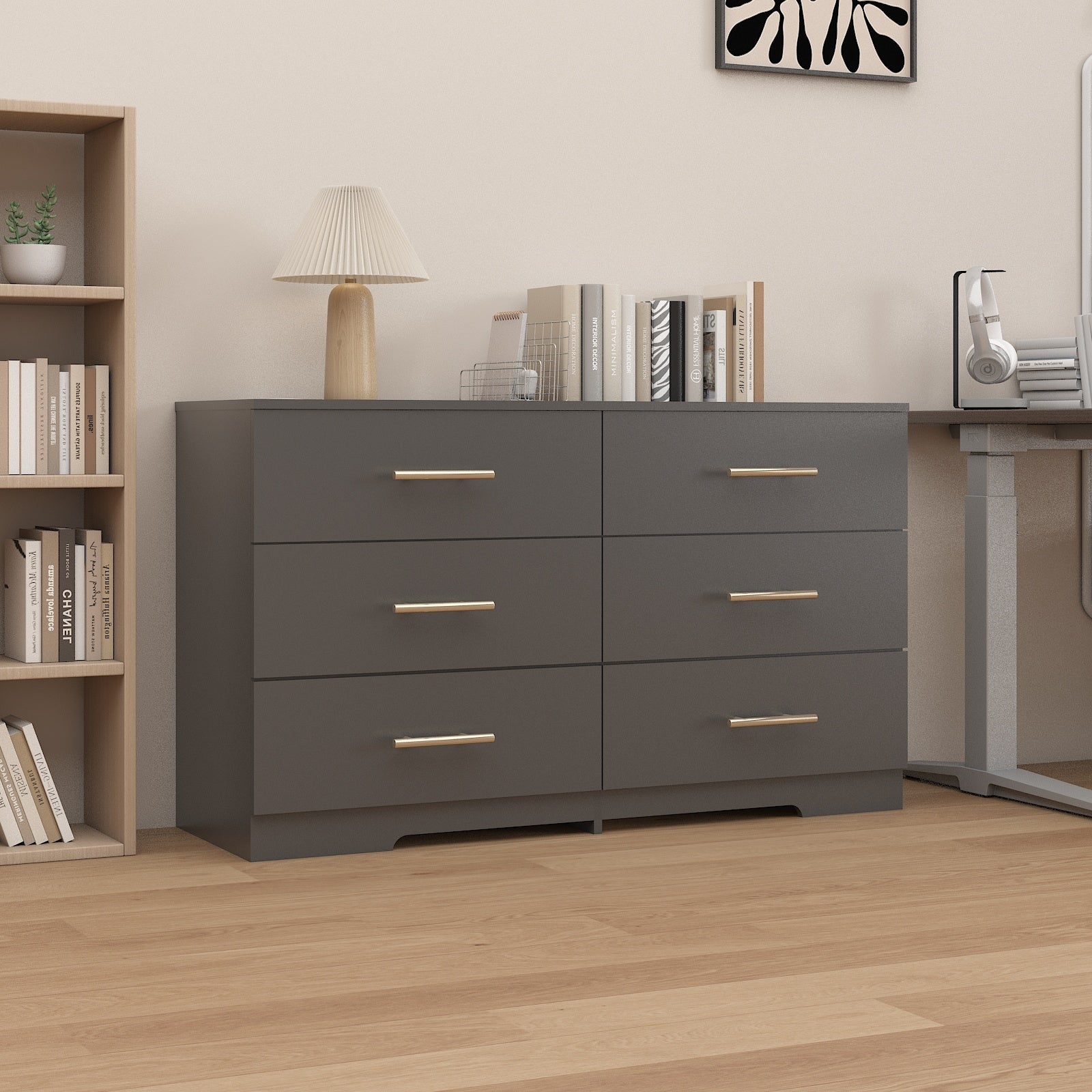 Black color Large 6 drawers chest of drawer dressers table with golden handle - KiKiUMi