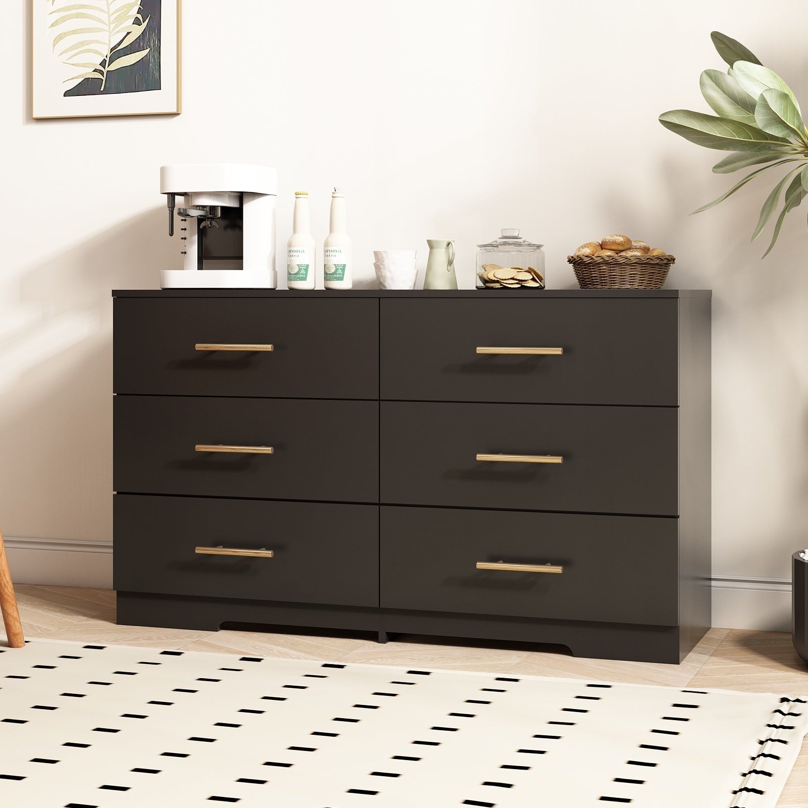 Black color Large 6 drawers chest of drawer dressers table with golden handle - KiKiUMi