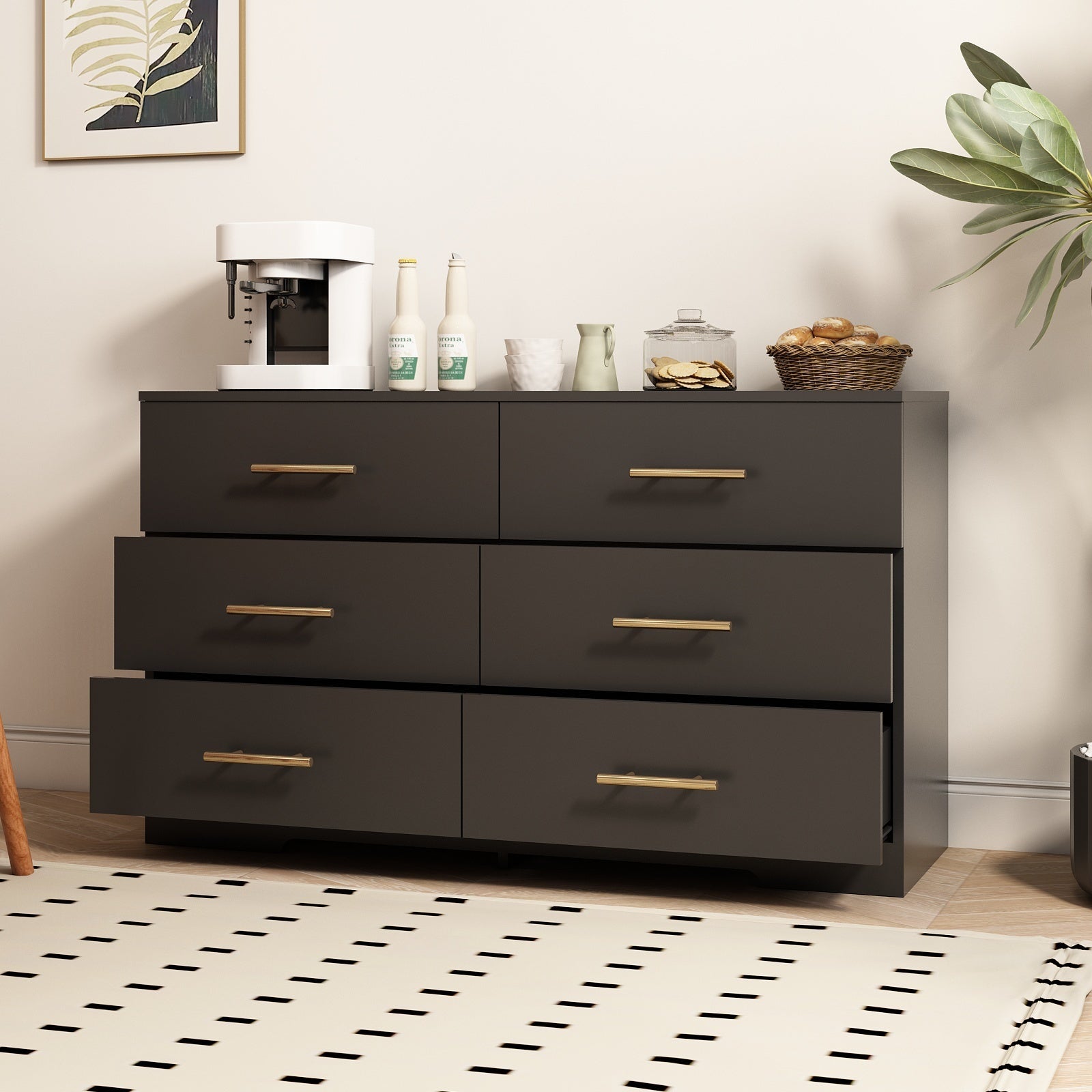 Black color Large 6 drawers chest of drawer dressers table with golden handle - KiKiUMi