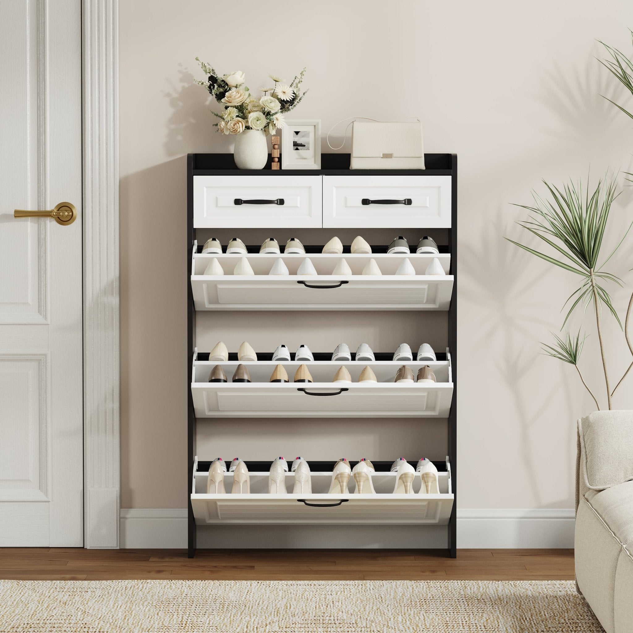 Black shoe cabinet with PVC shaped door, 3 doors and 2 drawers - KiKiUMi