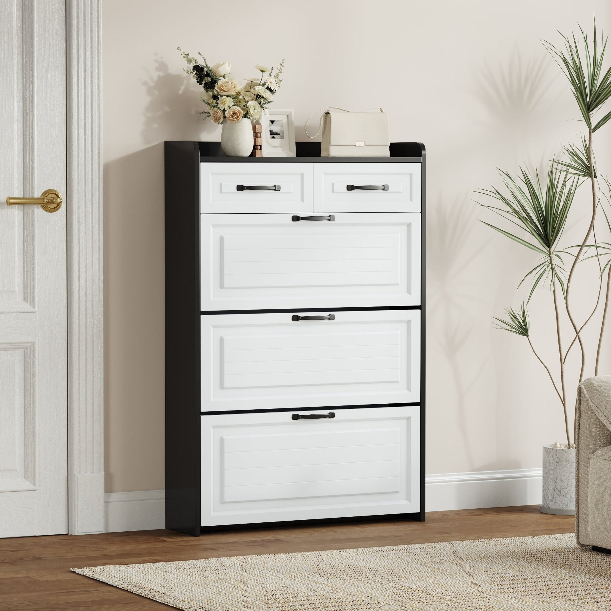 Black shoe cabinet with PVC shaped door, 3 doors and 2 drawers - KiKiUMi