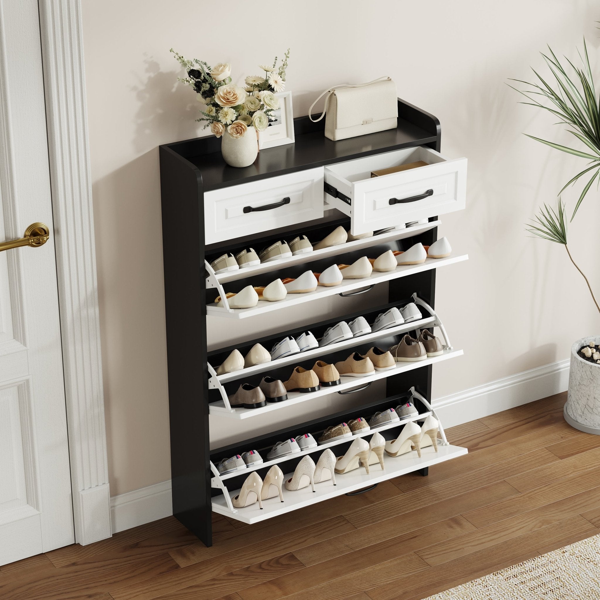 Black shoe cabinet with PVC shaped door, 3 doors and 2 drawers - KiKiUMi