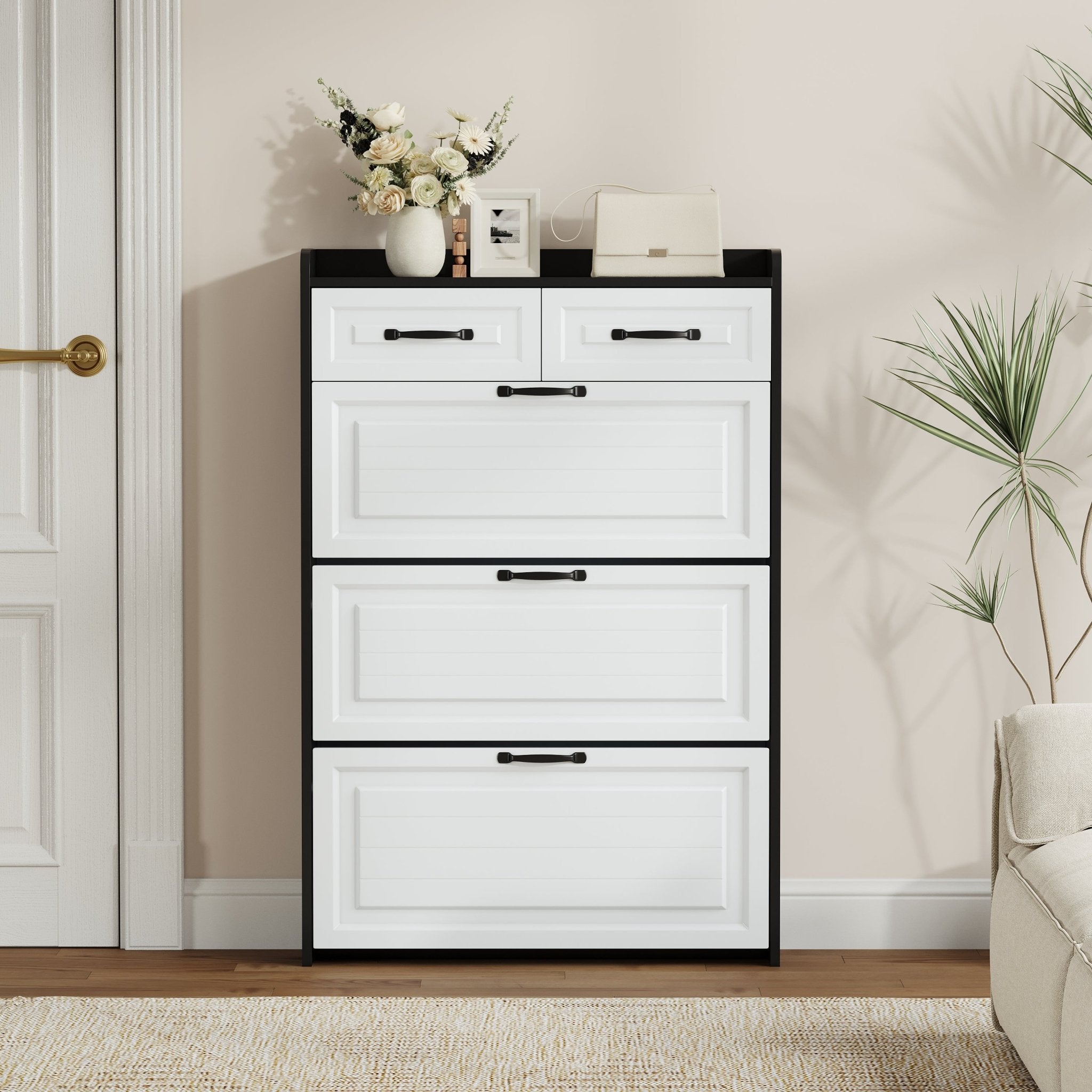 Black shoe cabinet with PVC shaped door, 3 doors and 2 drawers - KiKiUMi