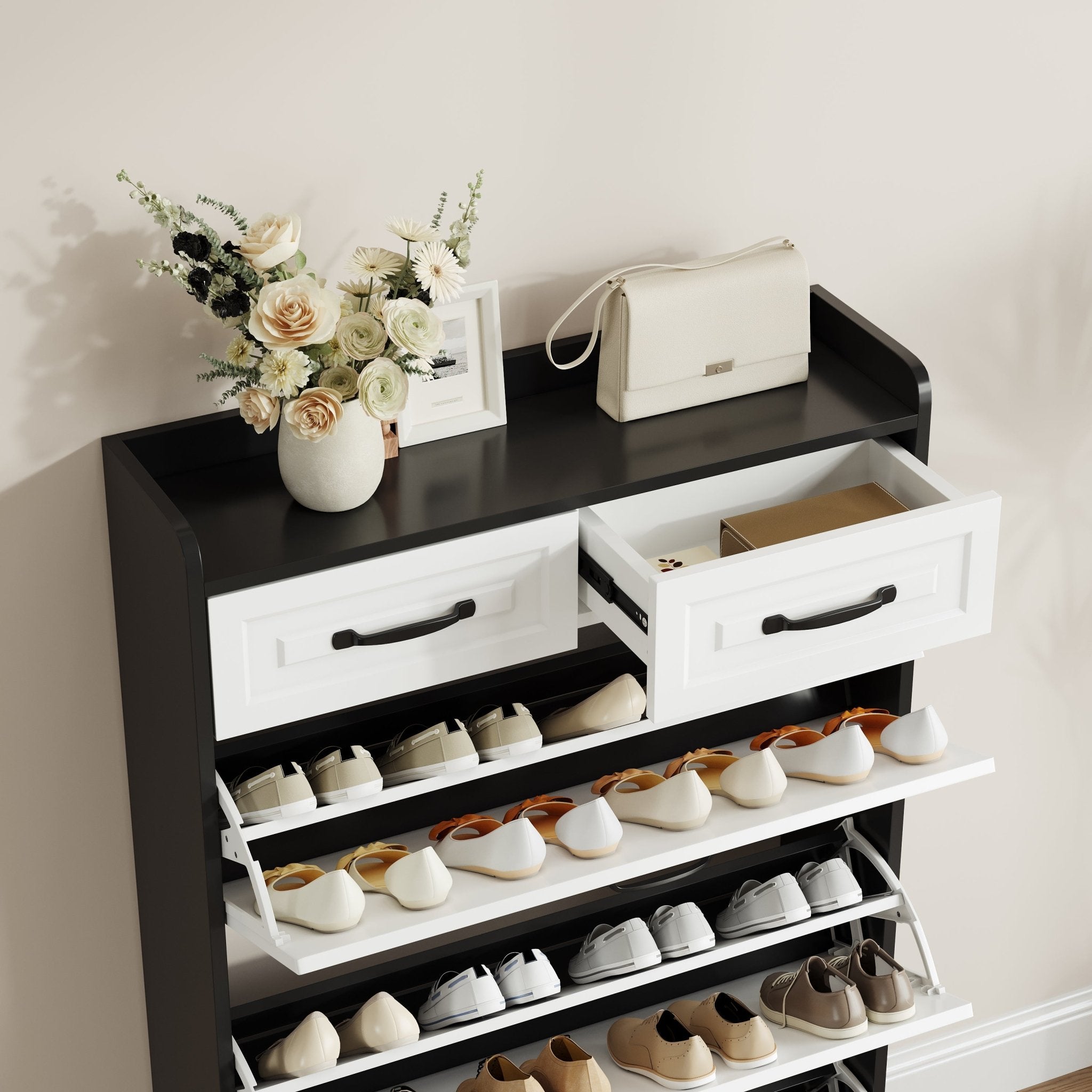 Black shoe cabinet with PVC shaped door, 3 doors and 2 drawers - KiKiUMi