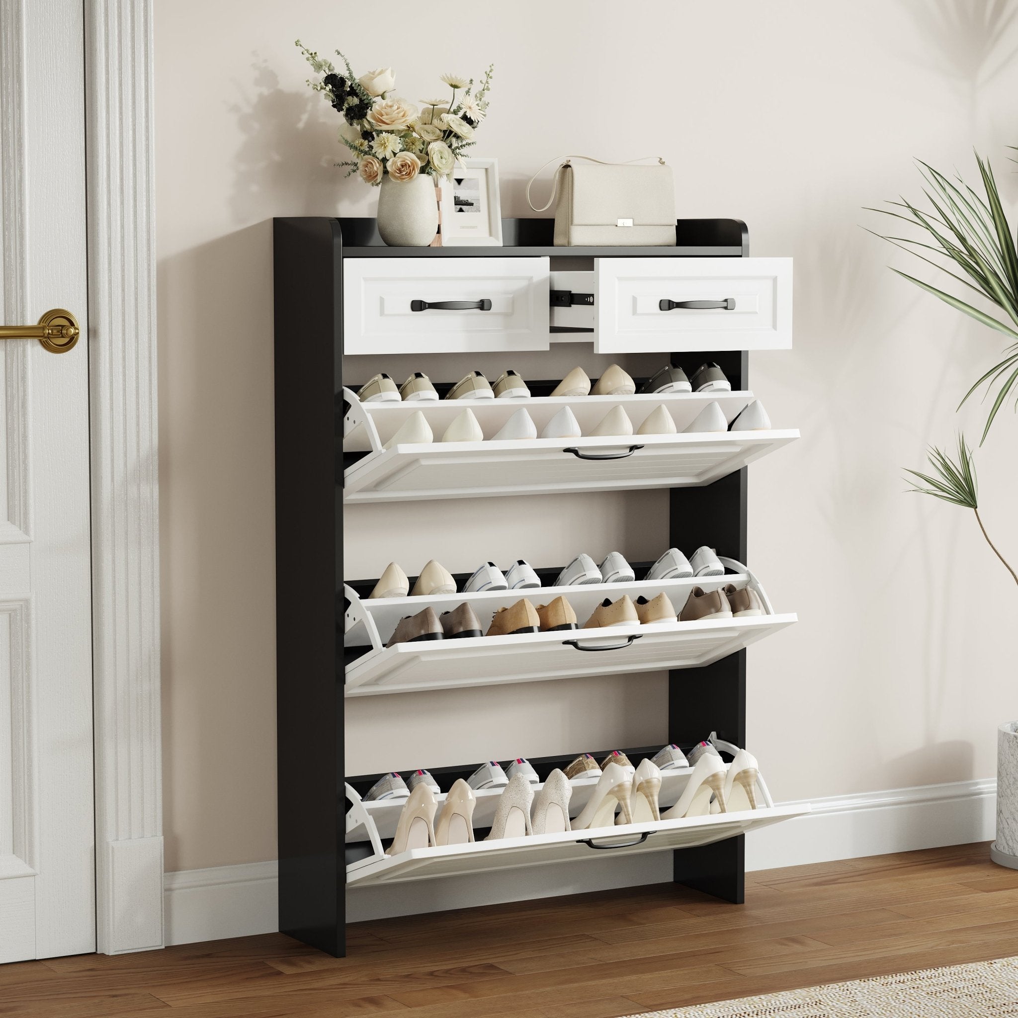 Black shoe cabinet with PVC shaped door, 3 doors and 2 drawers - KiKiUMi