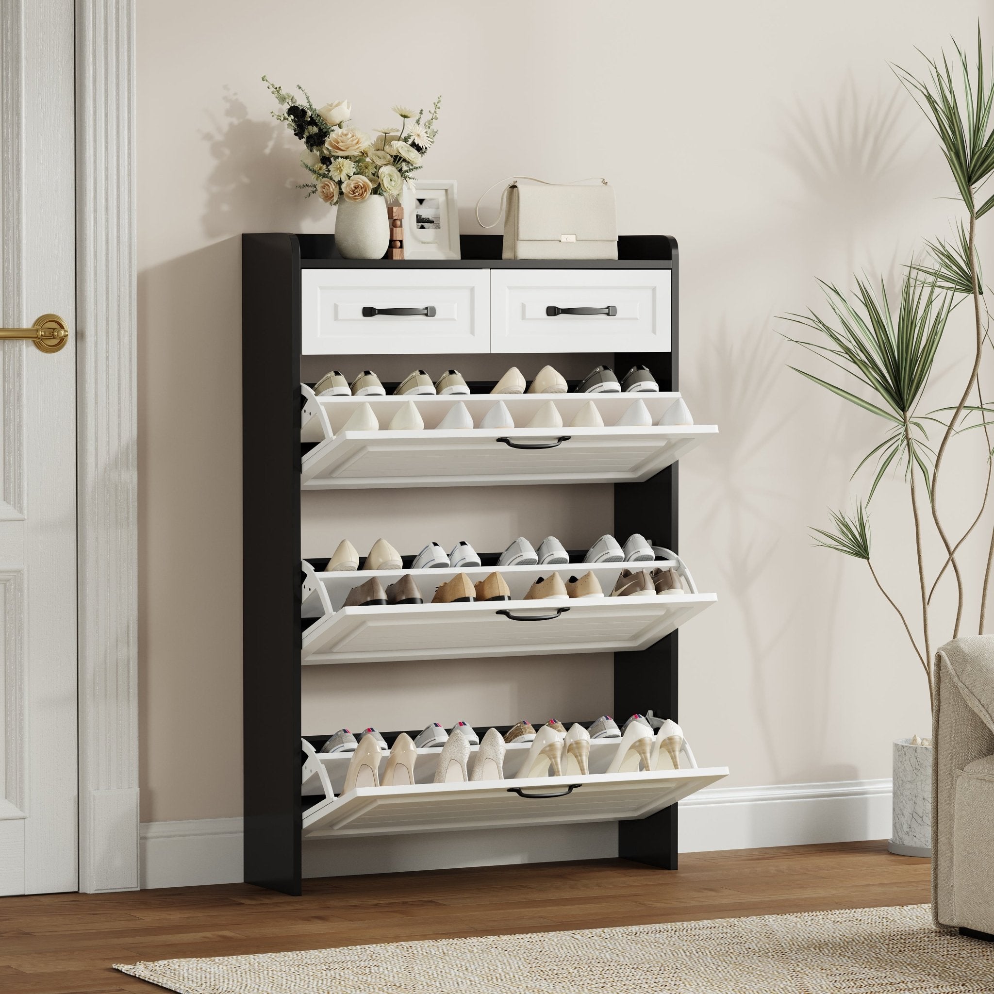 Black shoe cabinet with PVC shaped door, 3 doors and 2 drawers - KiKiUMi