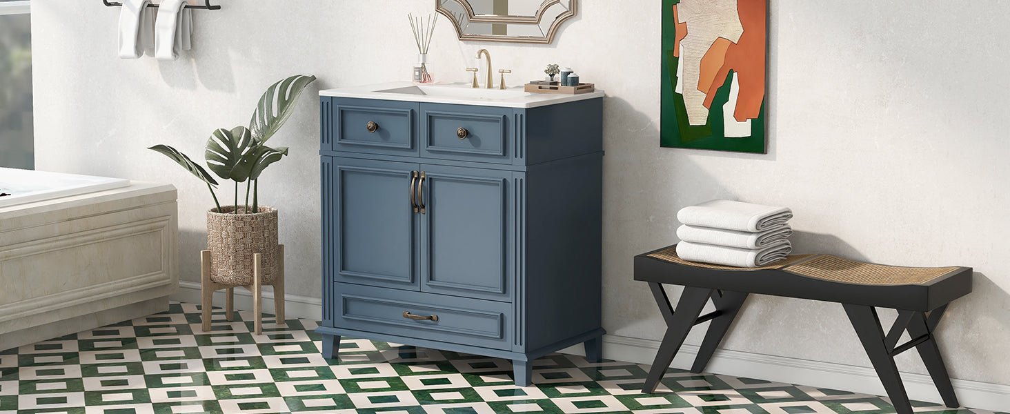 Blue 30 "ceramic sink solid wood frame bathroom dressing table - KiKiUMi