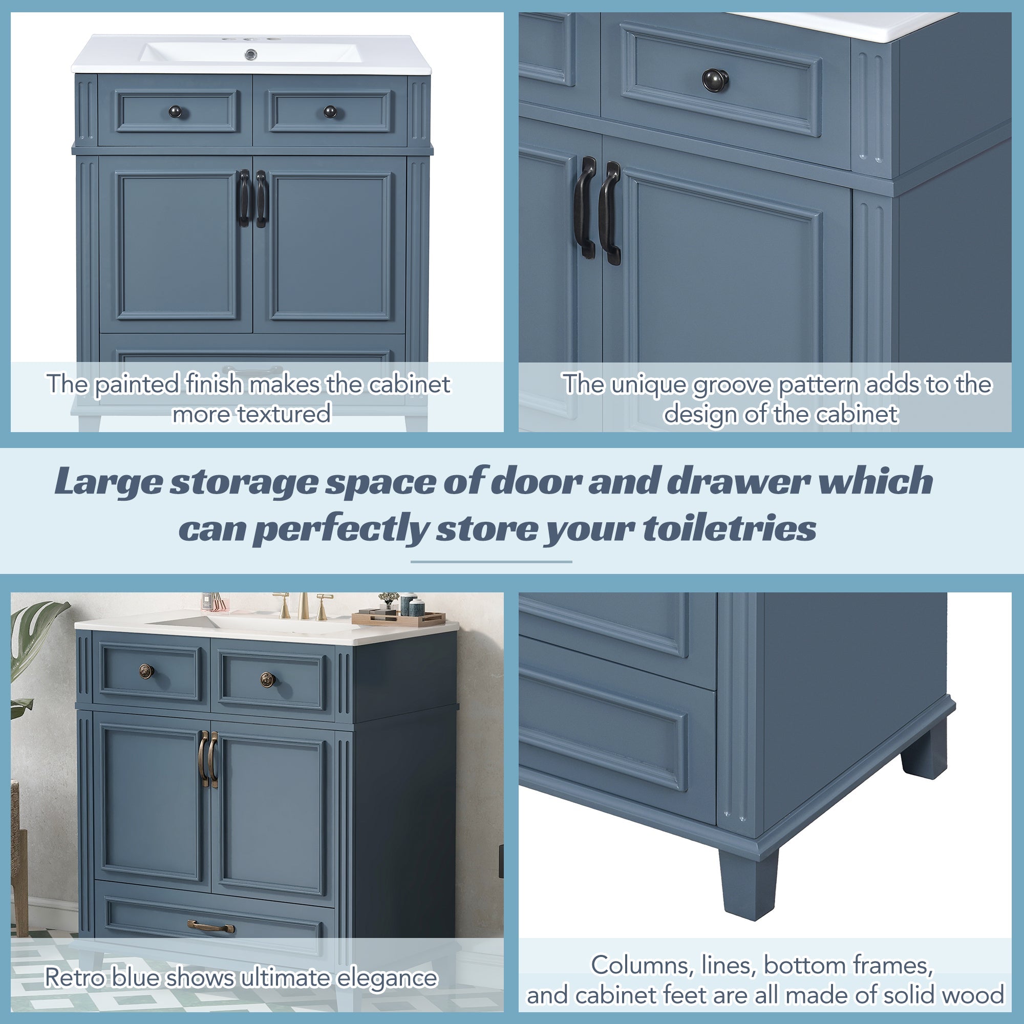 Blue 30 "ceramic sink solid wood frame bathroom dressing table - KiKiUMi