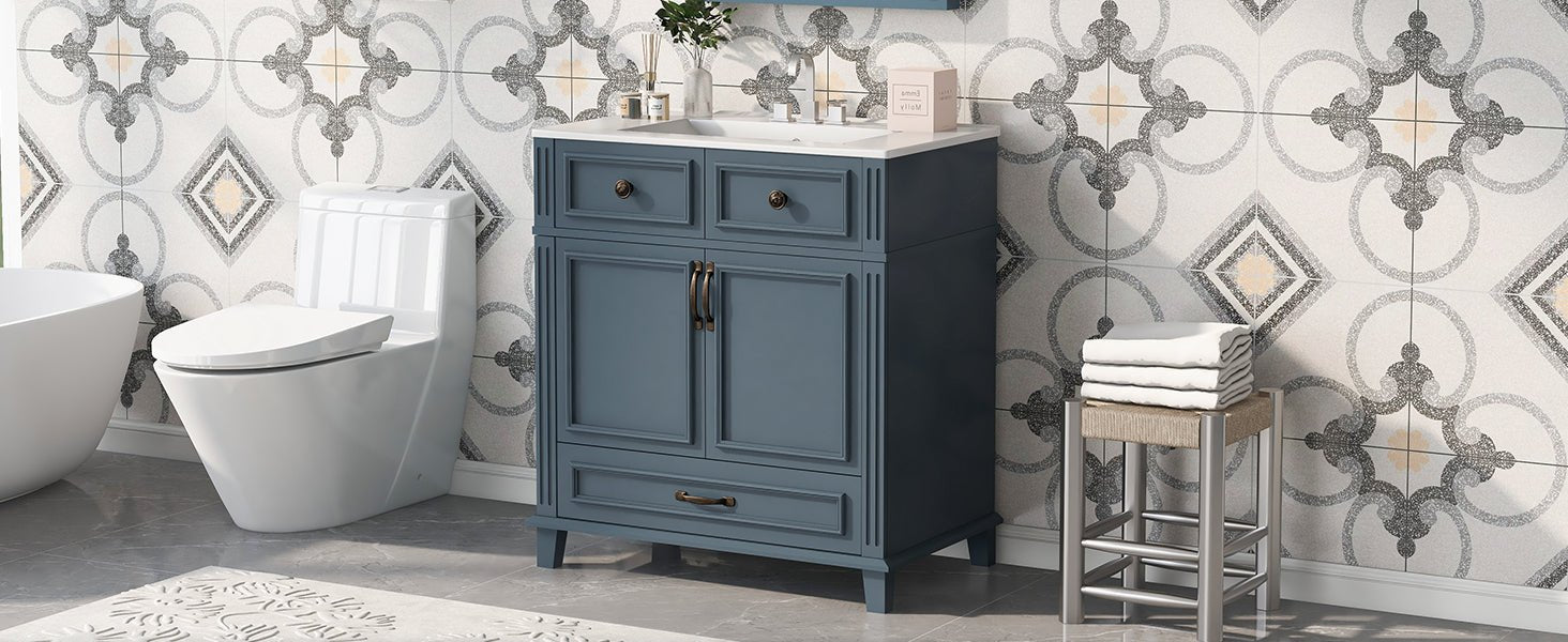 Blue 30 "ceramic sink solid wood frame bathroom dressing table - KiKiUMi