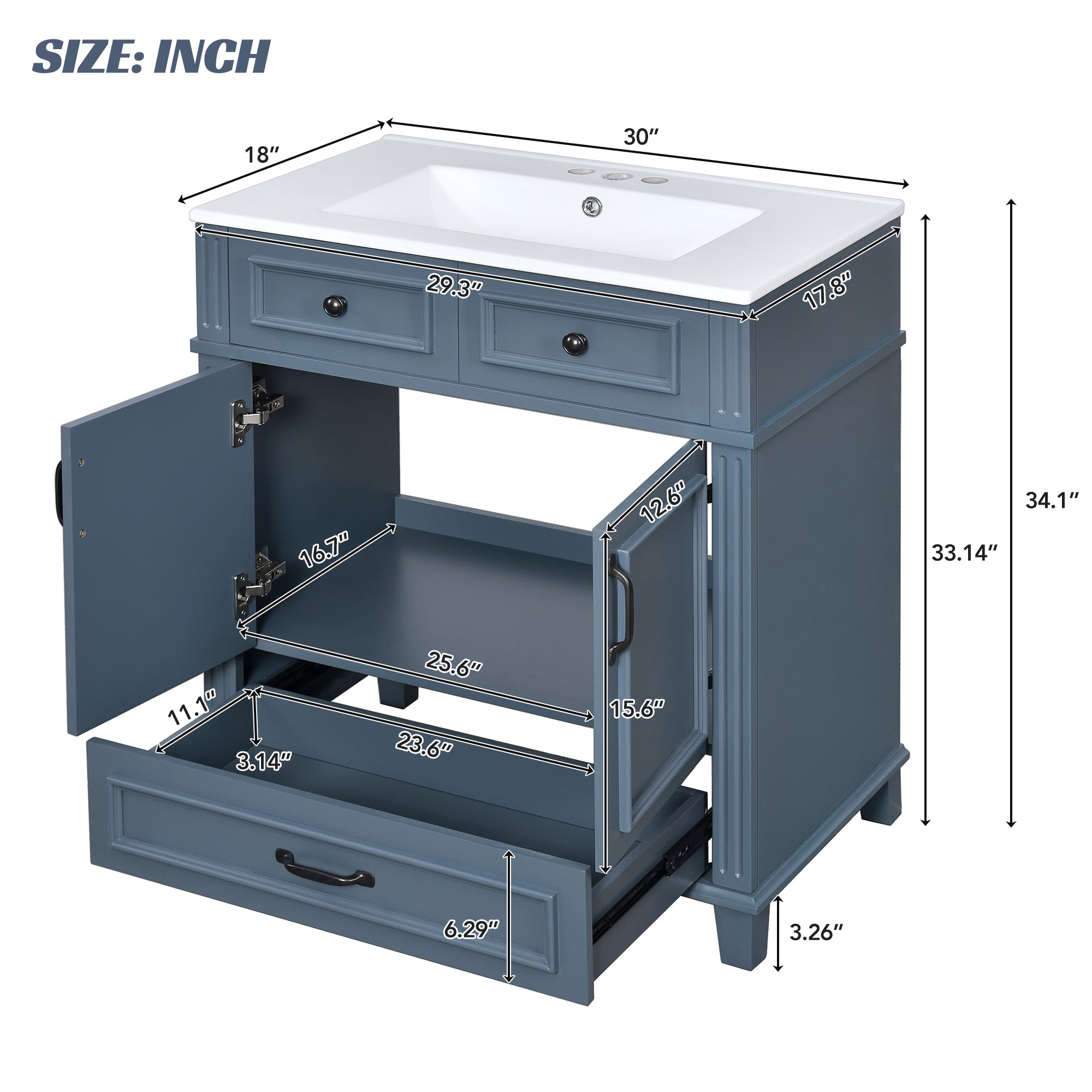 Blue 30 "ceramic sink solid wood frame bathroom dressing table - KiKiUMi