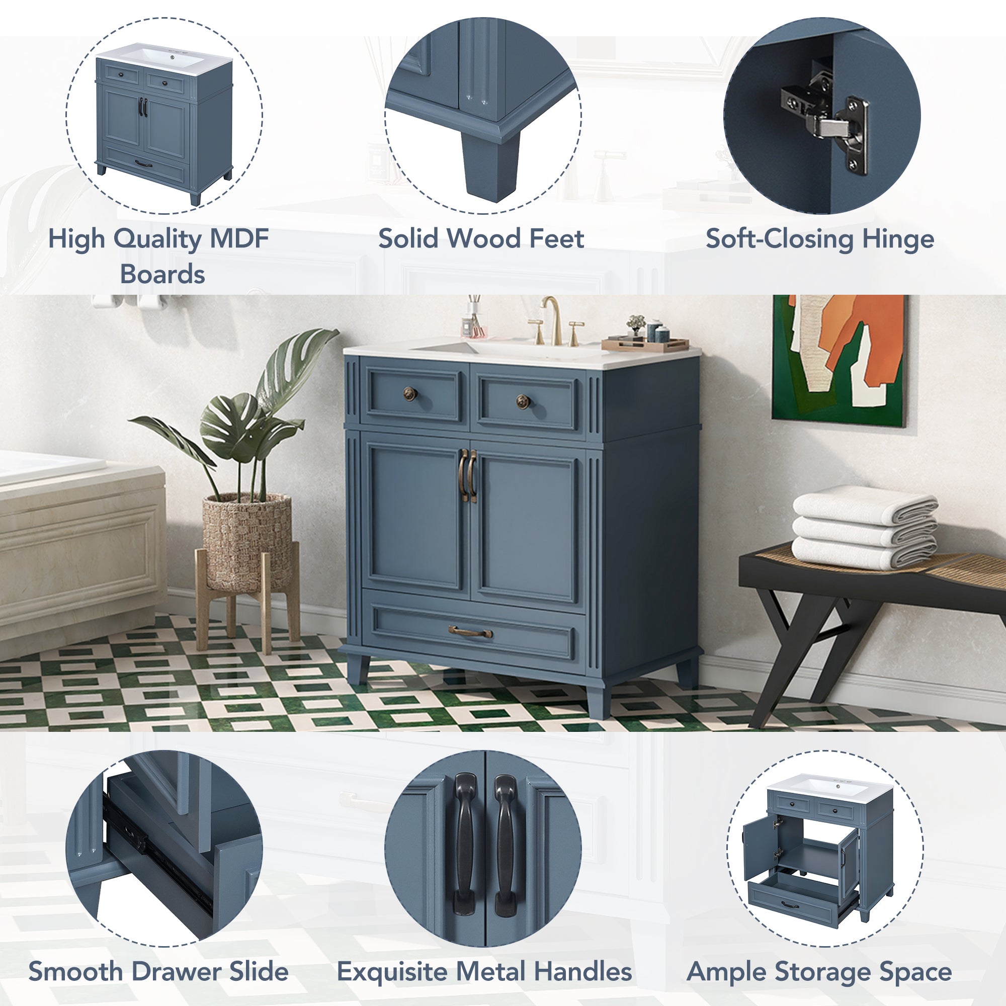 Blue 30 "ceramic sink solid wood frame bathroom dressing table - KiKiUMi