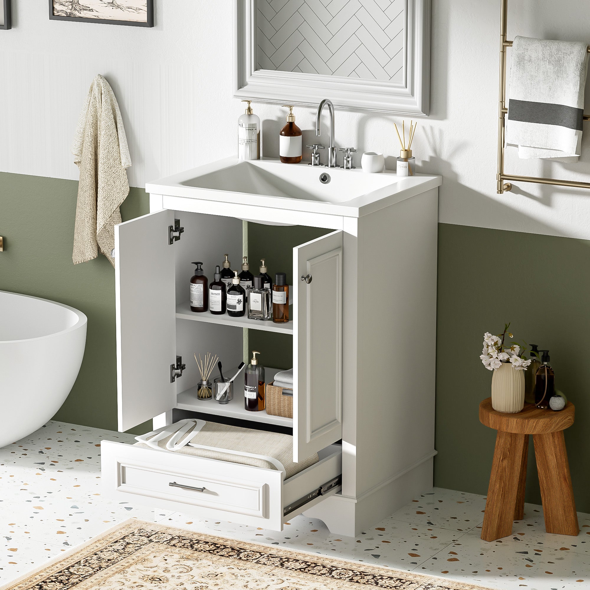 24-inch ceramic sink bathroom dressing table, modern standalone storage cabinet(white)