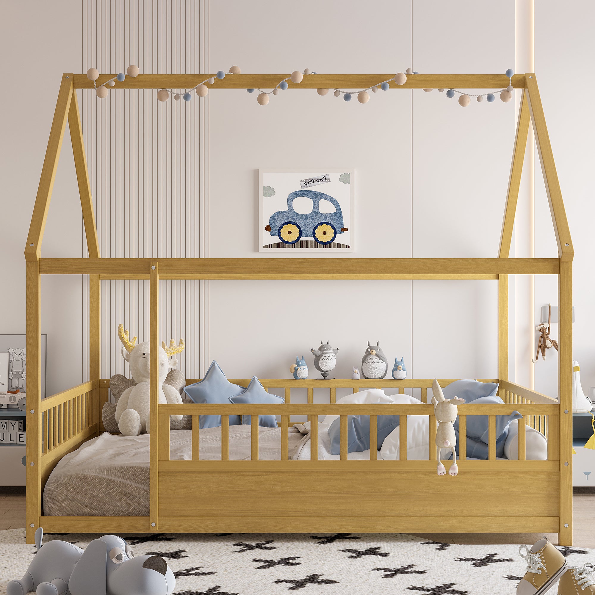Natural-colored full-size floor wooden bed