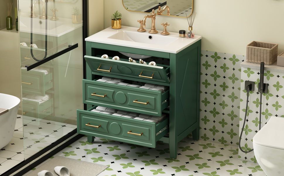 30 "Ceramic sink solid wood frame independent single dressing table set(green)