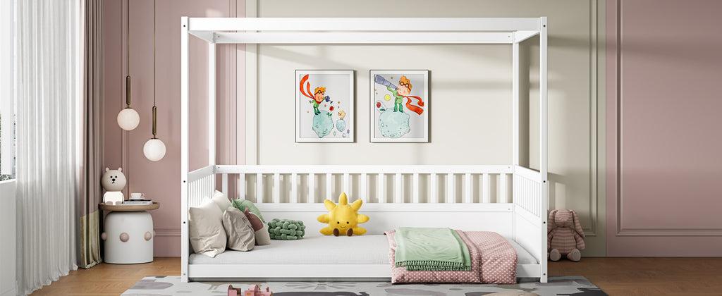 White children's Montessori floor bed, wooden canopy bed frame