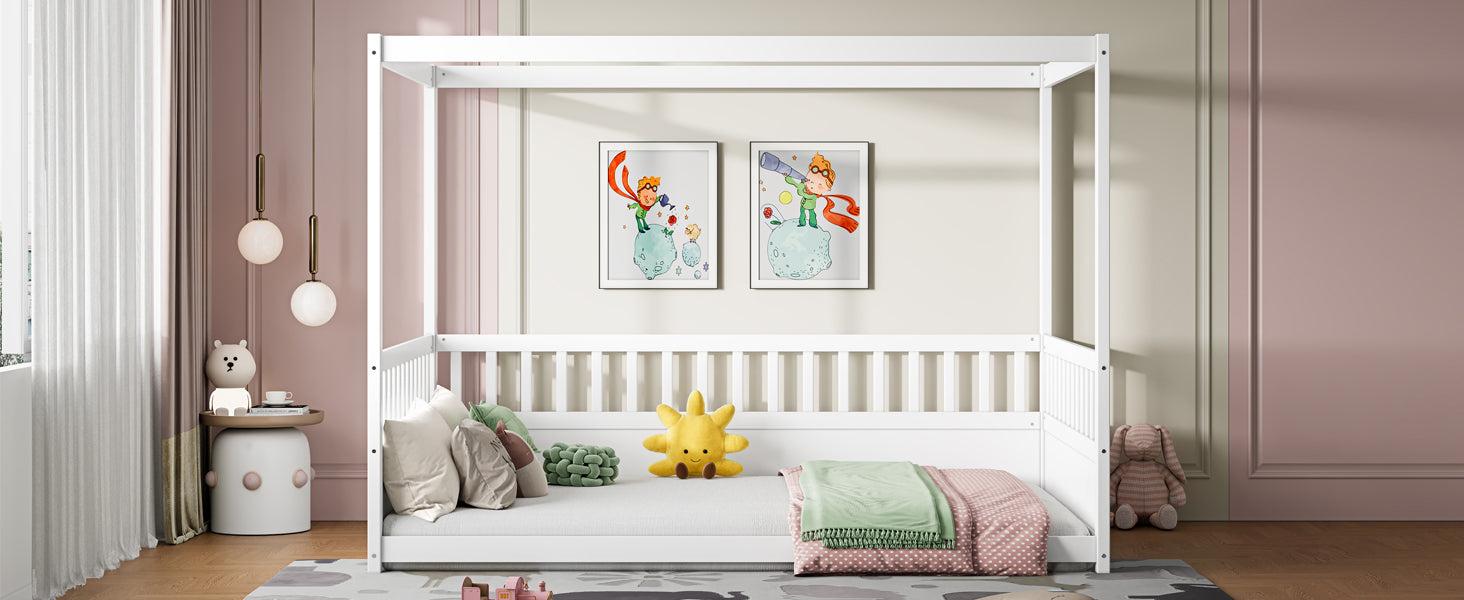 White children's Montessori floor bed, wooden canopy bed frame