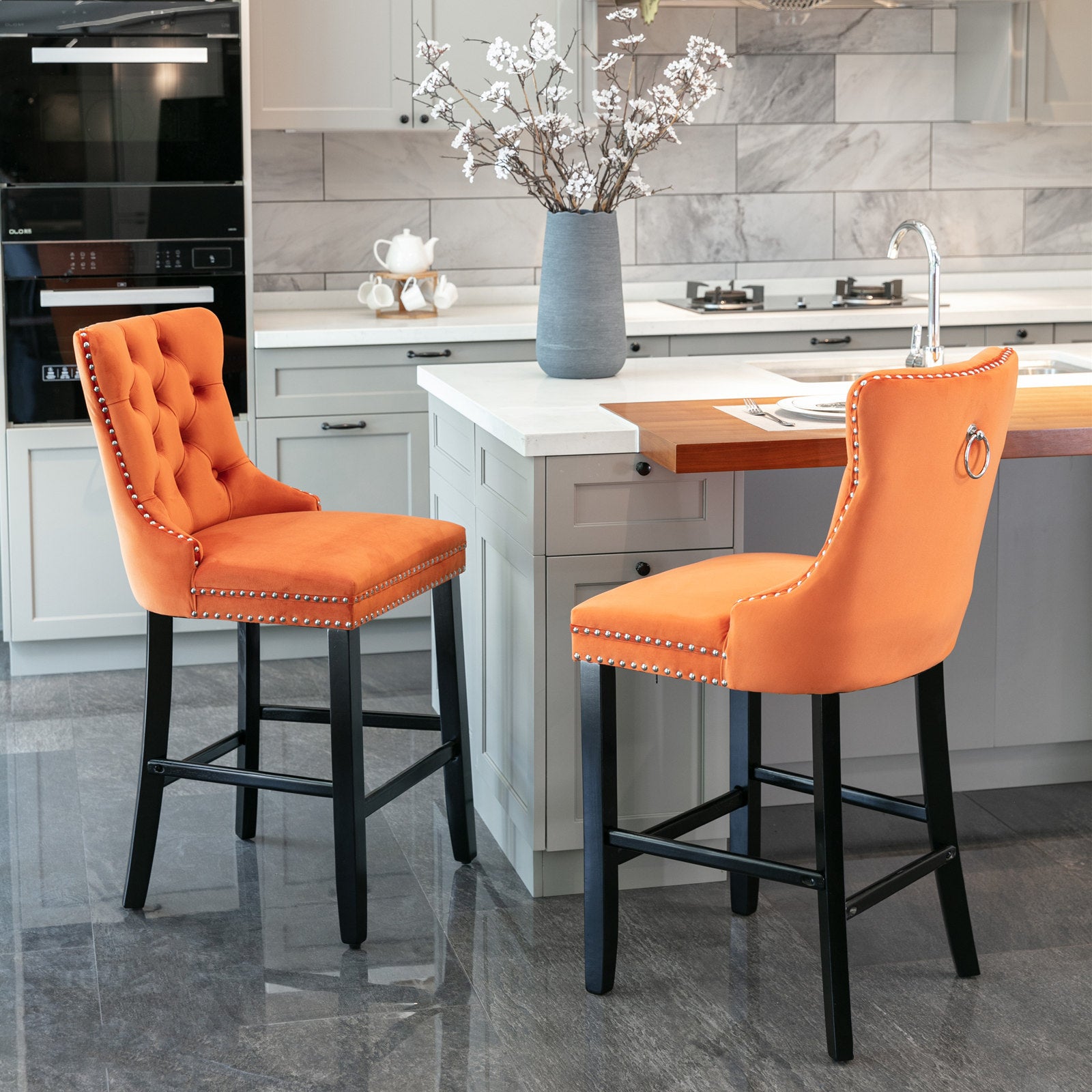 Velvet upholstered bar stool (orange)