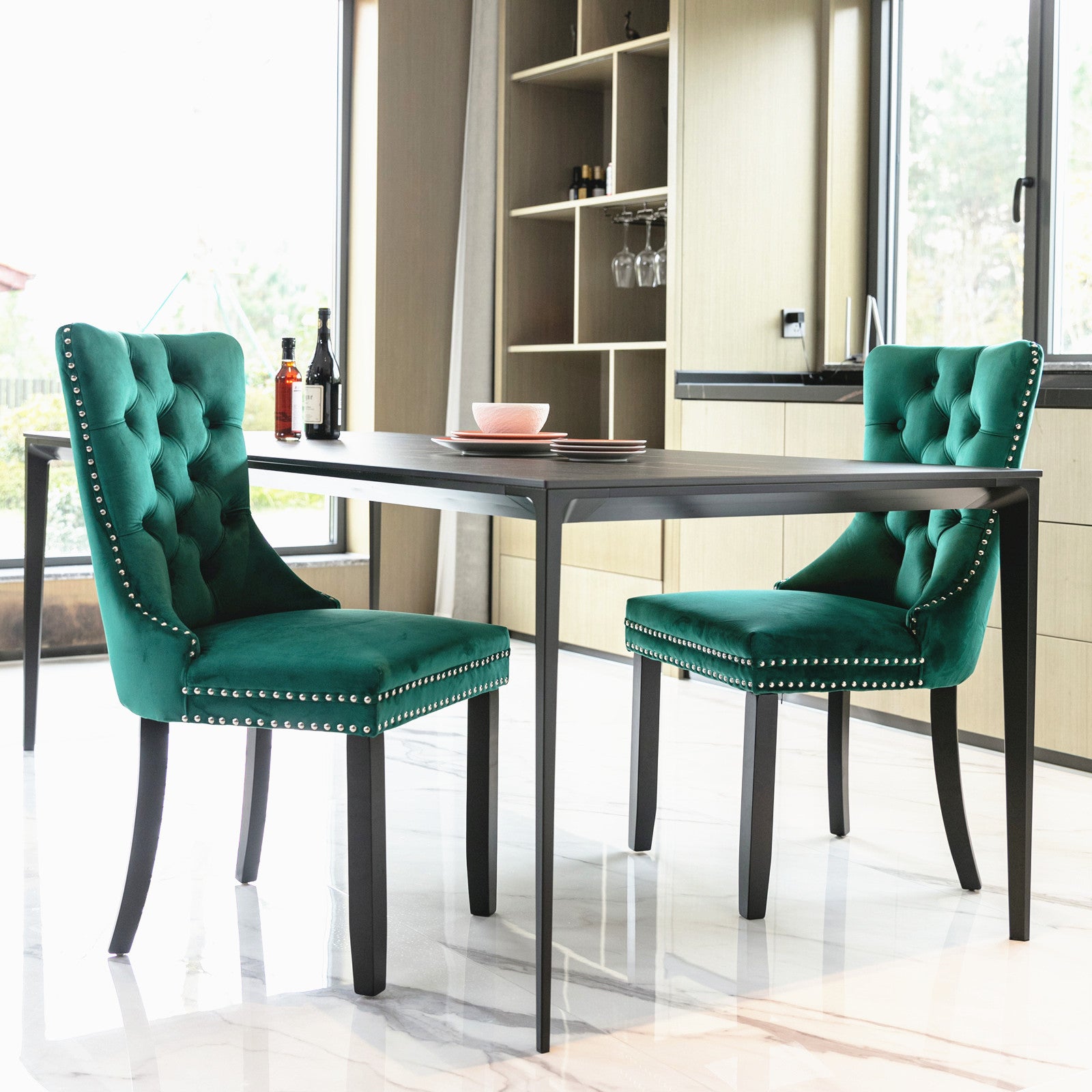 Two velvet upholstered bar stools (green)