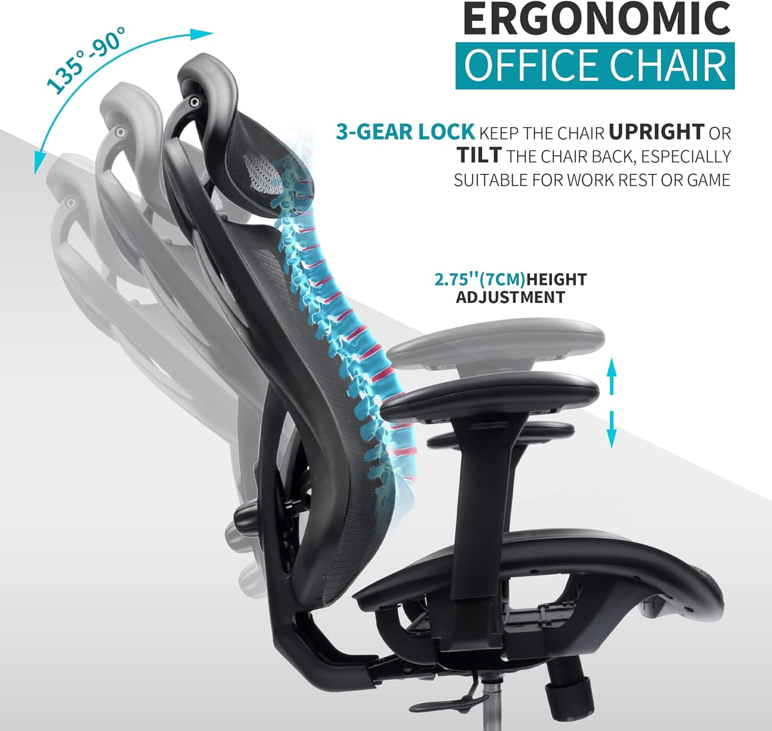 Multi-scenario adjustable ergonomic office chair（Black）