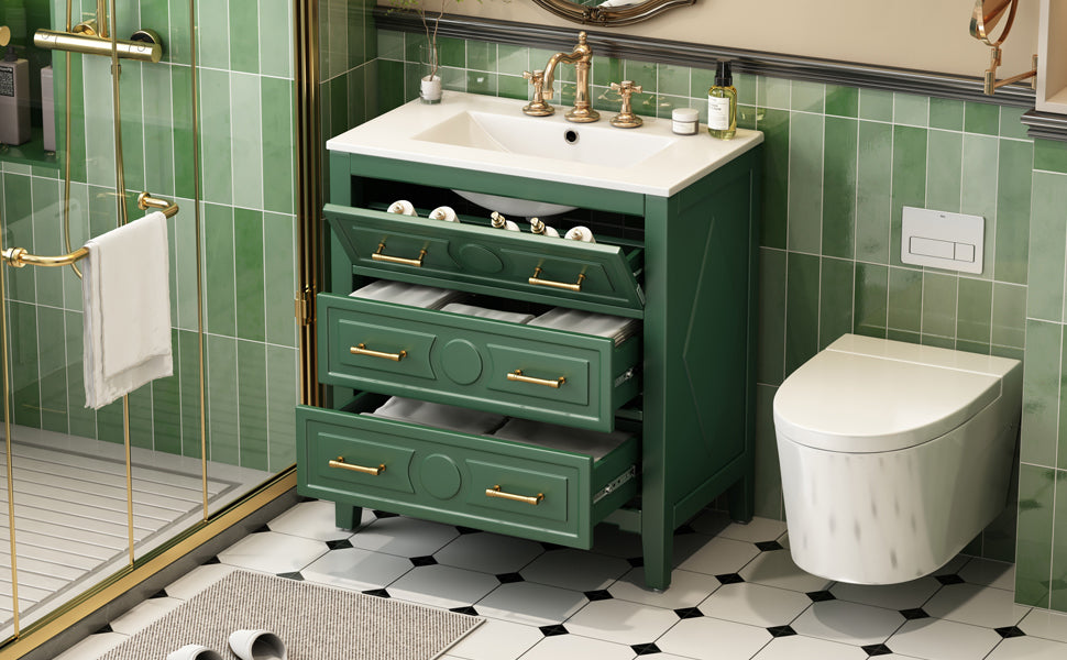 30 "Ceramic sink solid wood frame independent single dressing table set(green)