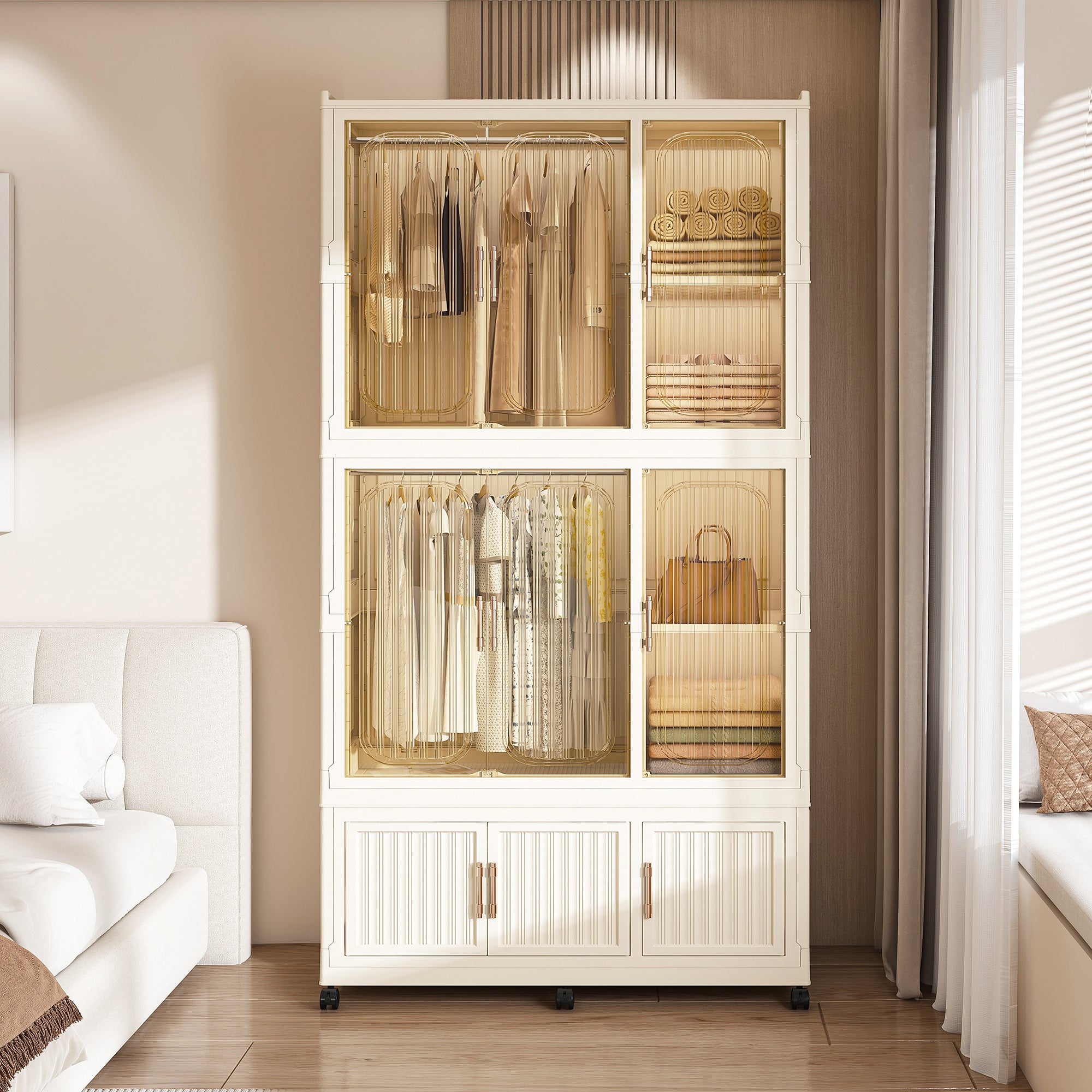 White portable wardrobe with 9 magnetic doors, storage cabinet and dressing table