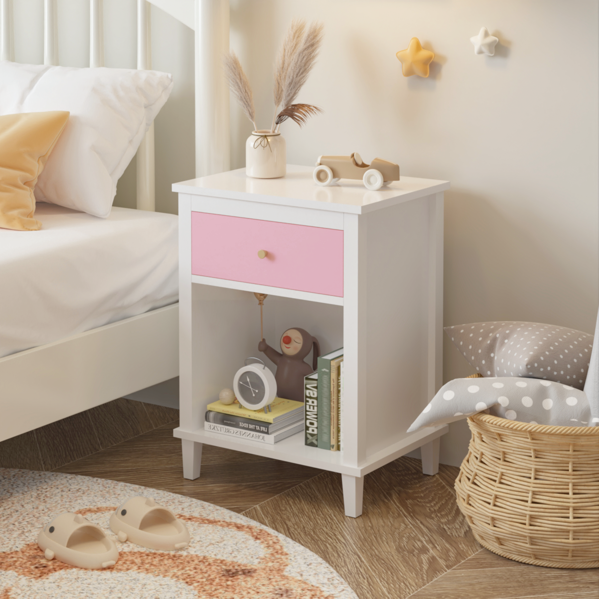 Pink wooden bedside table with drawers and storage cabinets