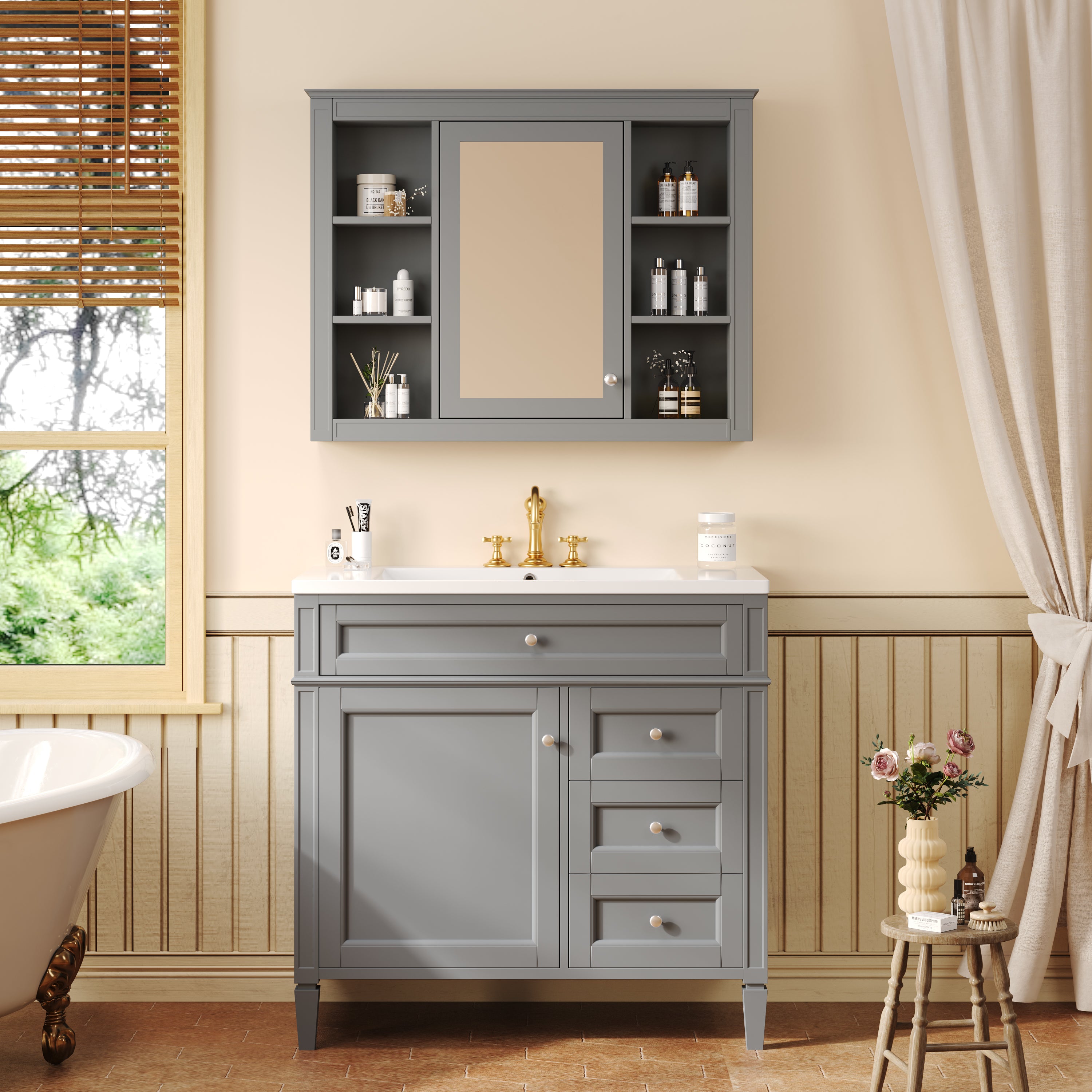 36 "Single sink bathroom dressing table, modern bathroom storage cabinet with mirror(Gray)