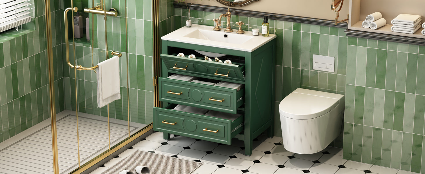 30 "Ceramic sink solid wood frame independent single dressing table set(green)