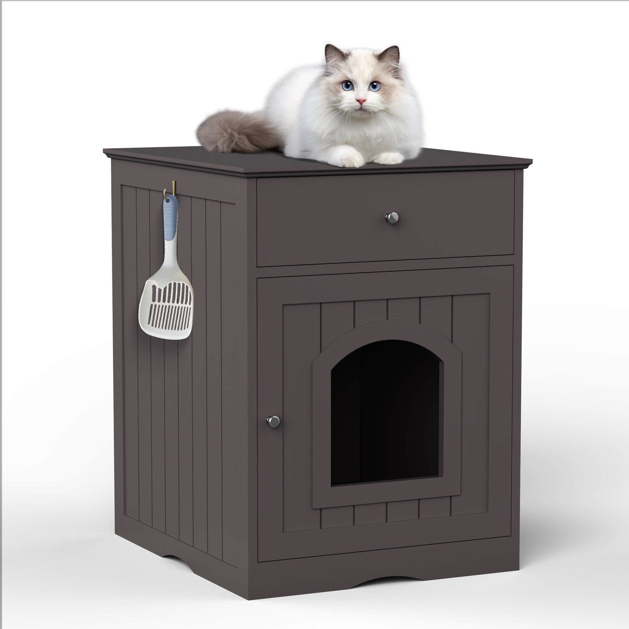 Wooden pet cat litter box with drawers and side tables and a cat's bedside table (Brown)