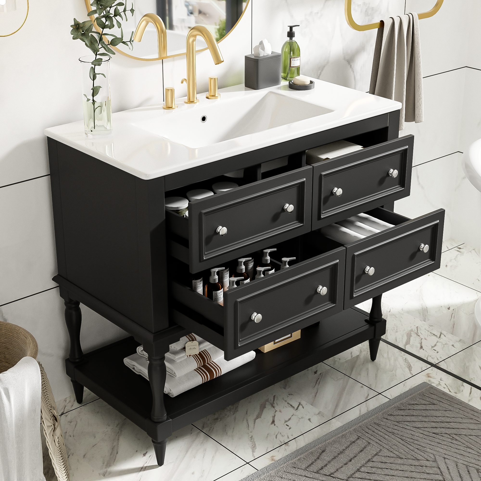 36' Solid Wood Frame Independent Dressing Table Set (black)