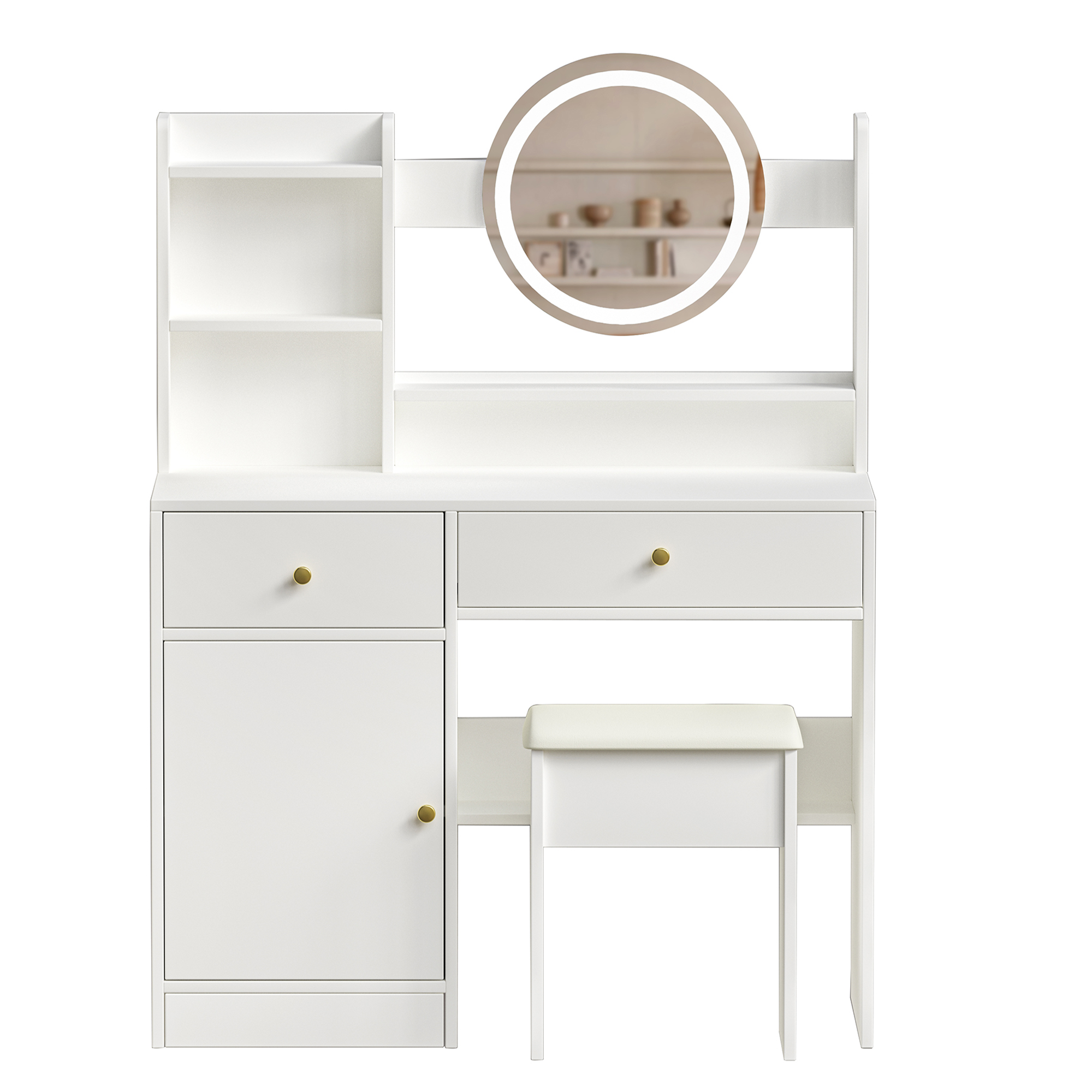 Fashion Vanity Desk with Mirror and Lights for Makeup and Cushioned Chair, White