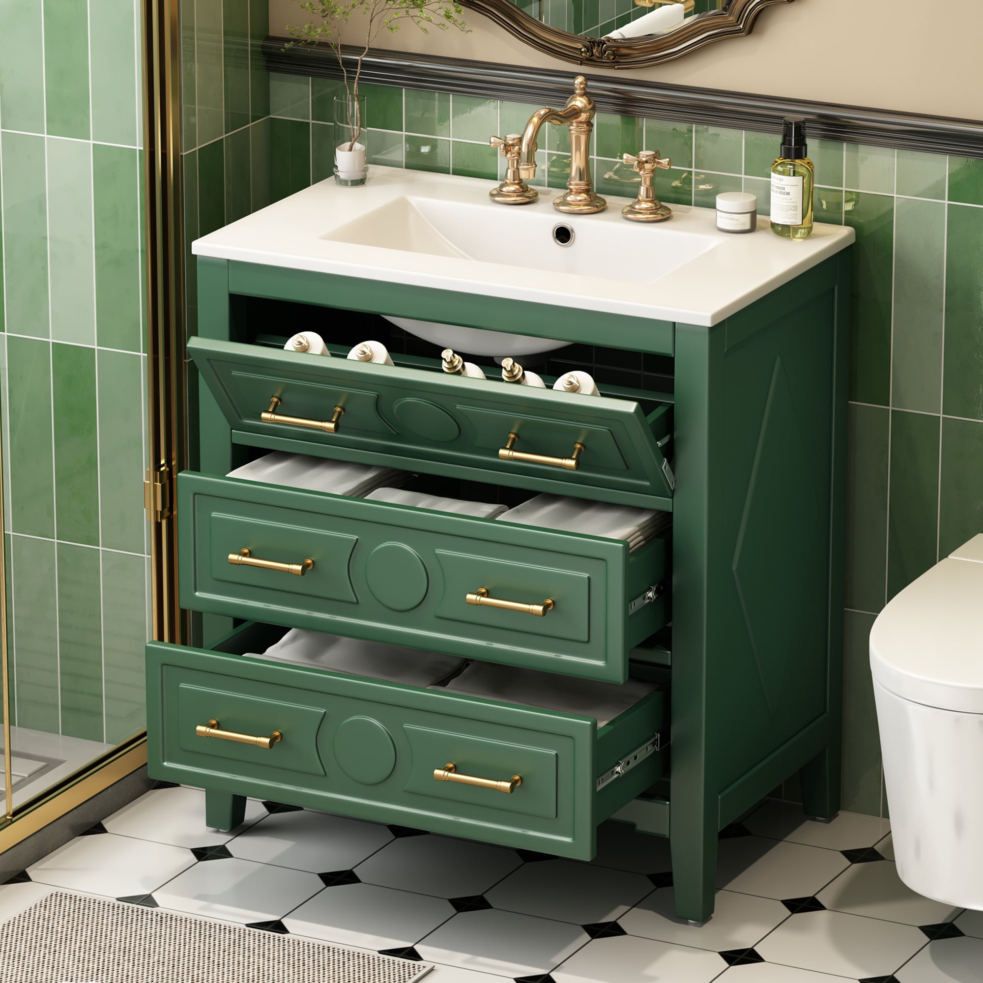 30 "Ceramic sink solid wood frame independent single dressing table set(green)