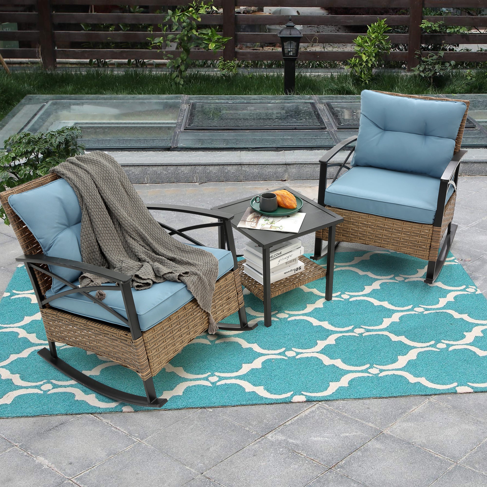 3pcs rocking rattan set wholesale leisure chair outdoor rattan rocking chair set Navy Blue