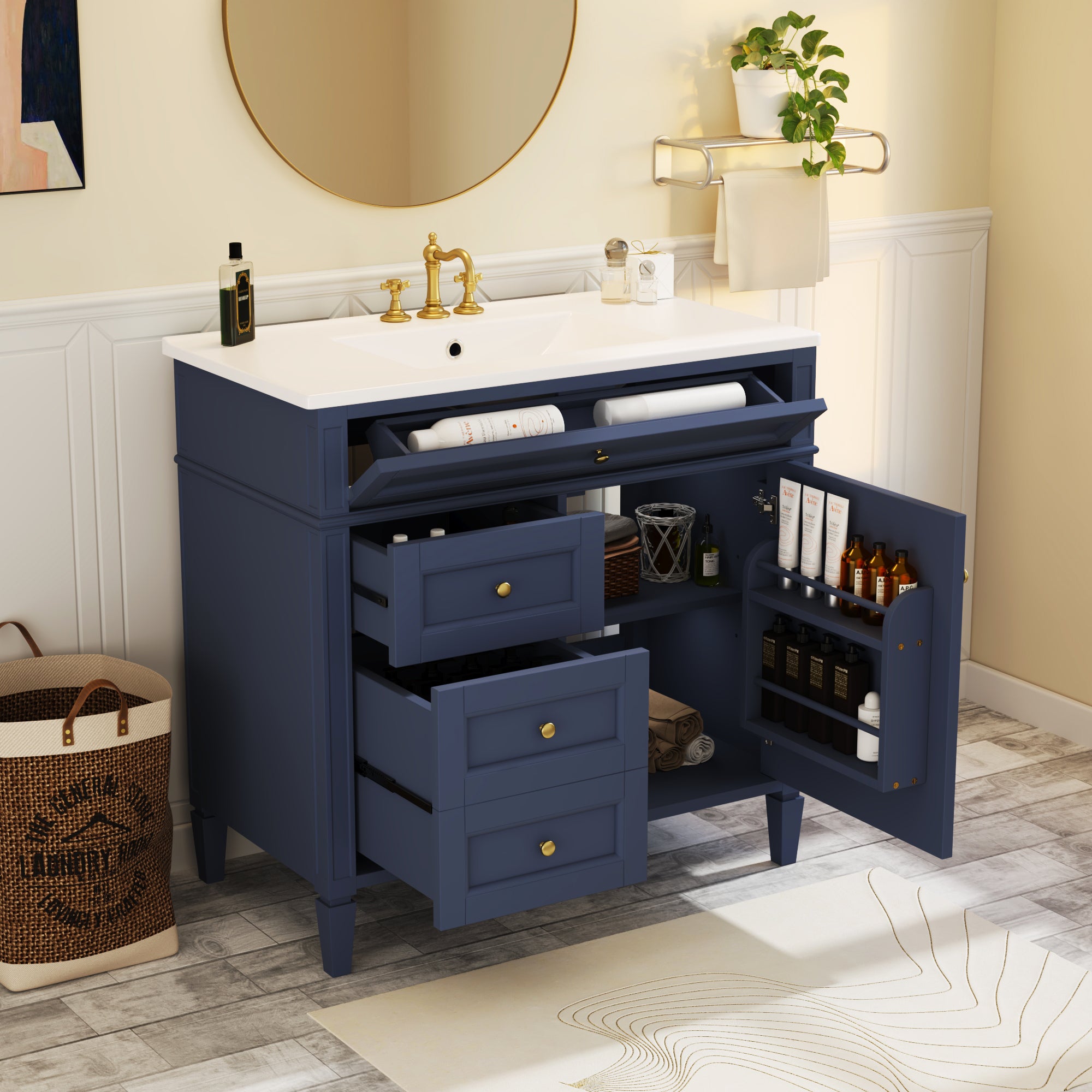 36 "Single sink bathroom dressing table, modern bathroom storage cabinet(blue)