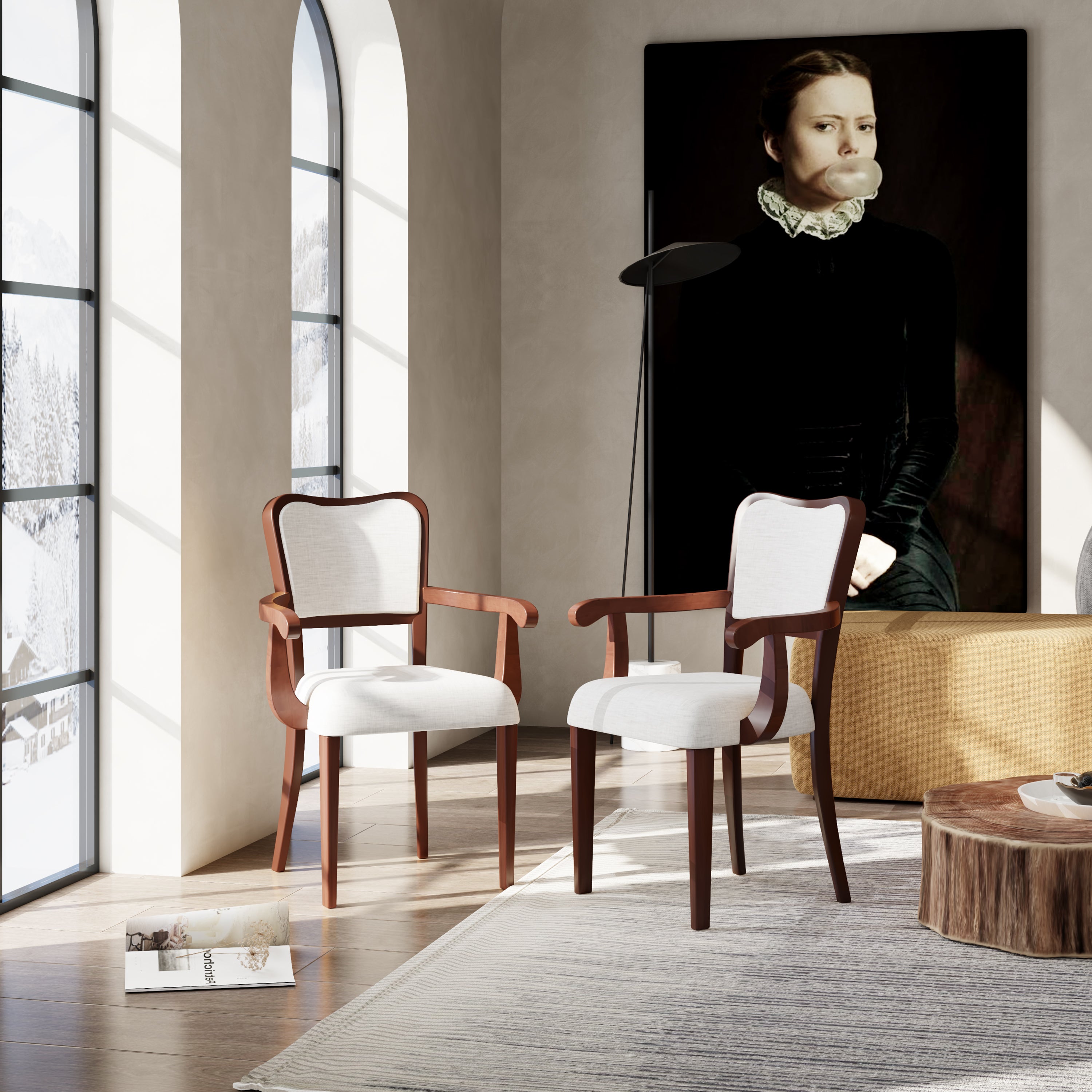 Two traditional curved walnut veneered upholstered dining chairs（beige,walnut）