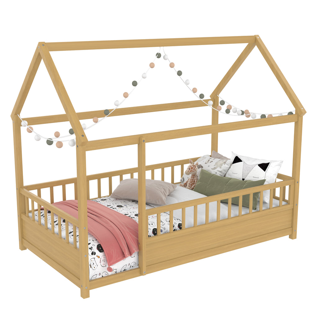 Natural double bed with a roof frame