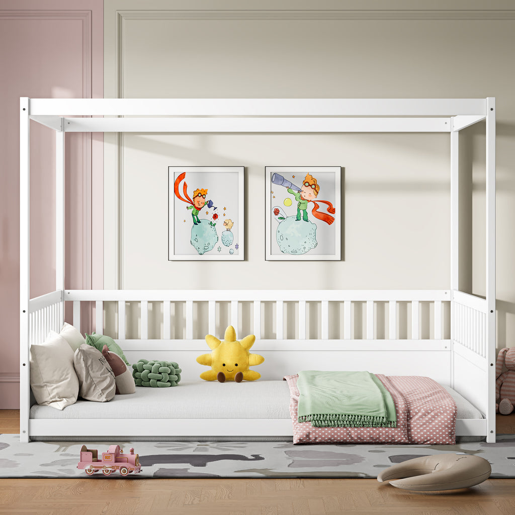 White children's Montessori floor bed, wooden canopy bed frame